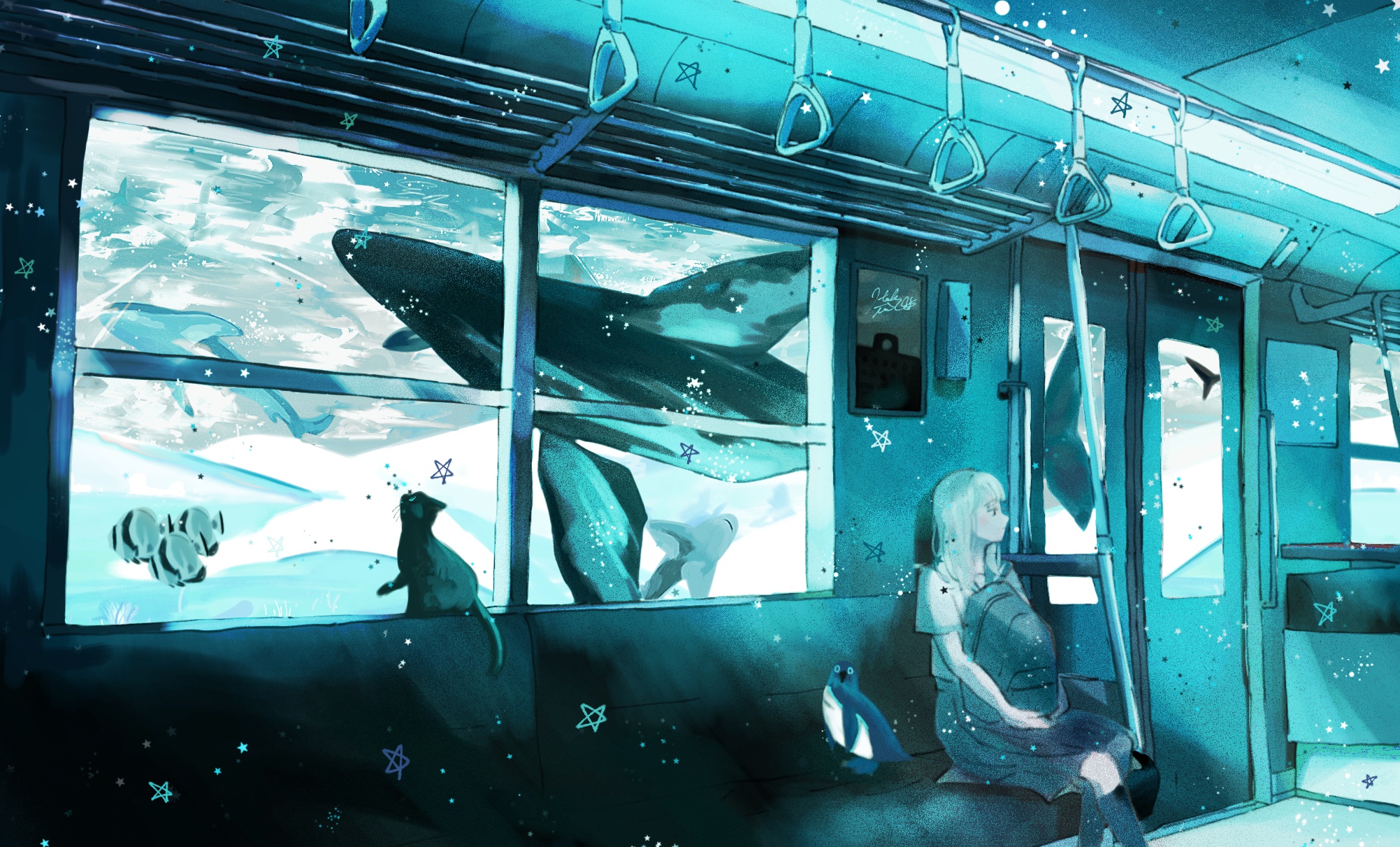Underwater Subway Ride with Girl and Whale HD Wallpaper