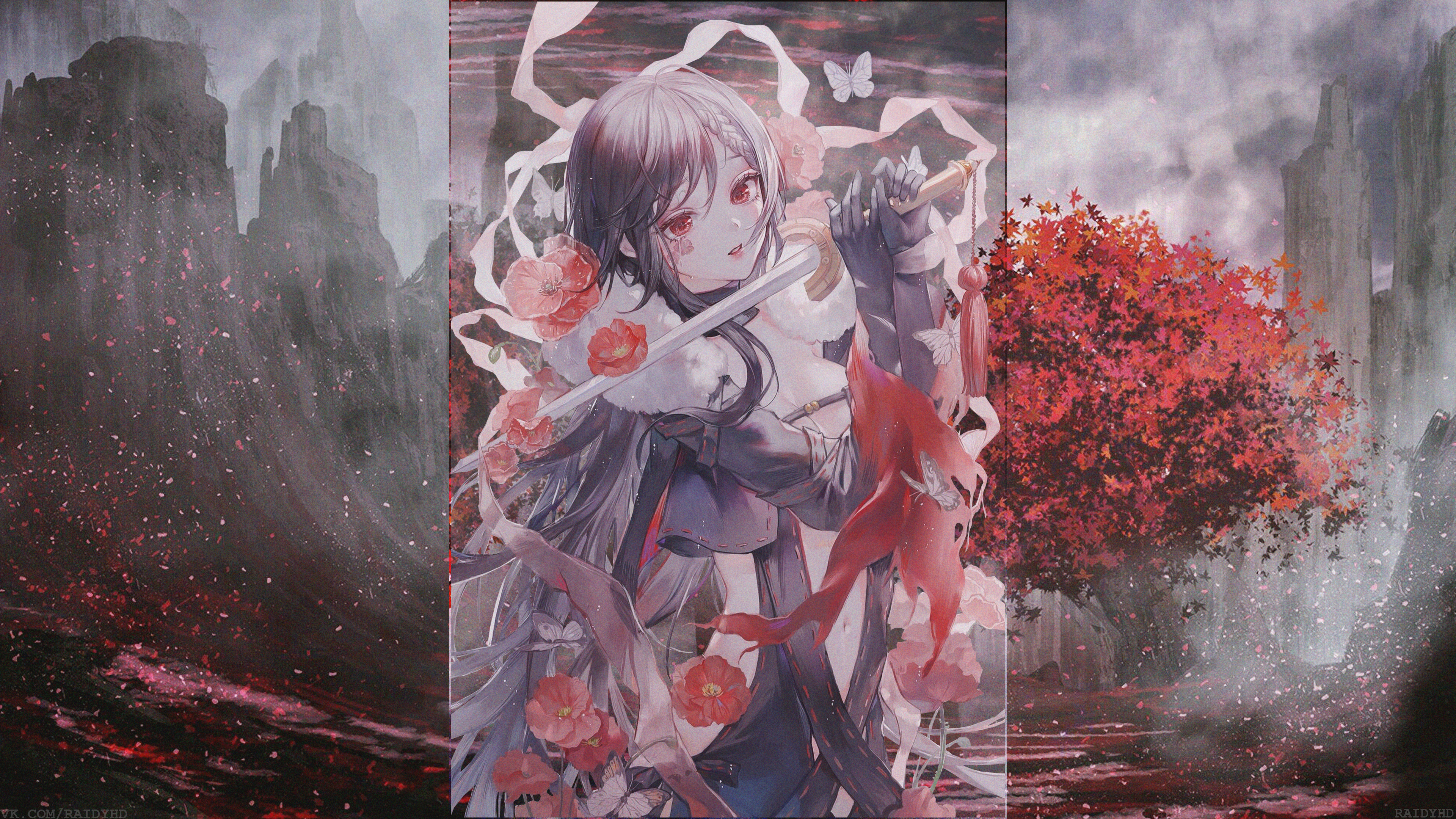Anime girl with sword and flowers 4K HD Wallpaper