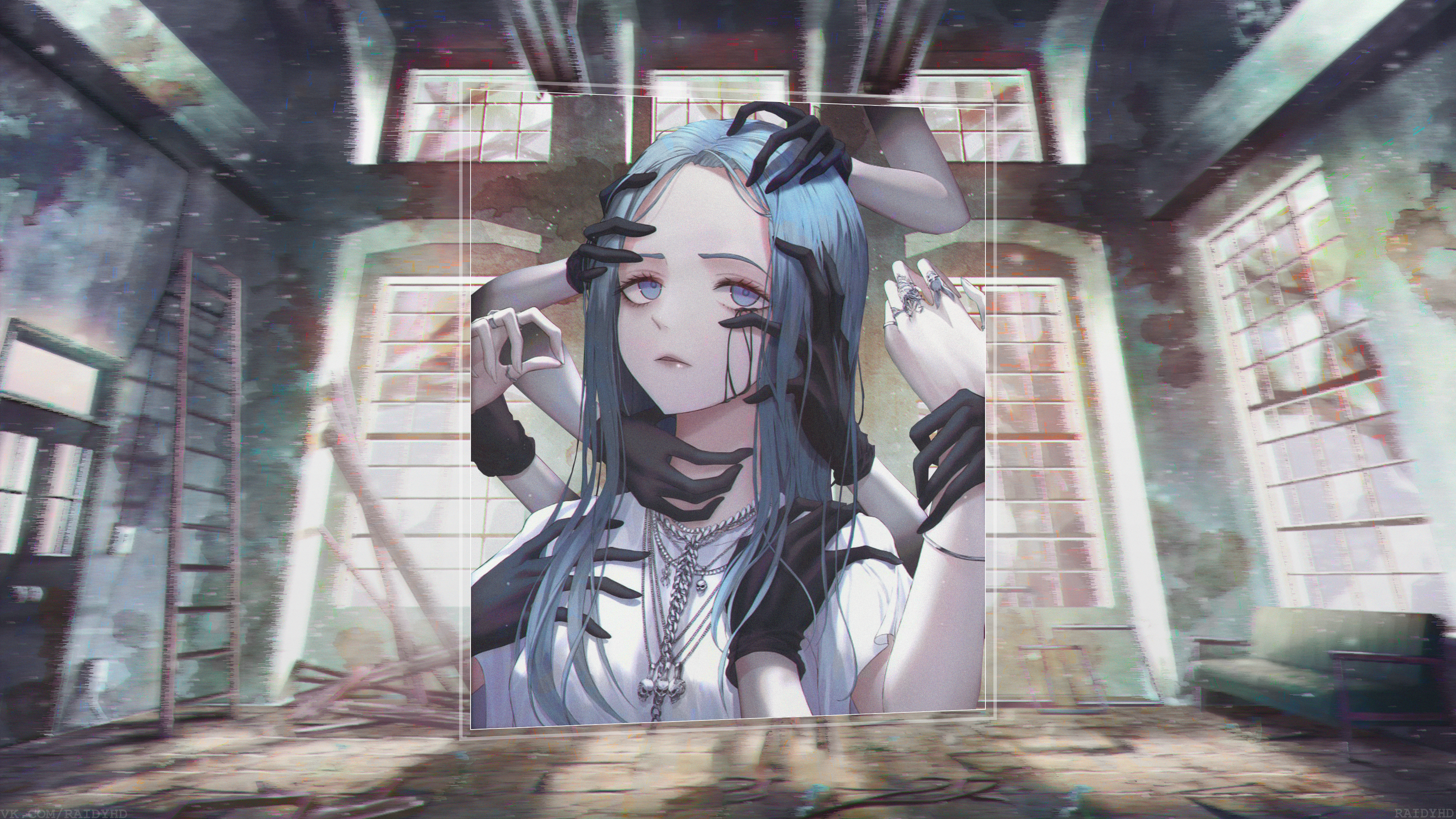 Anime girl with blue hair surrounded by hands 4K HD Wallpaper