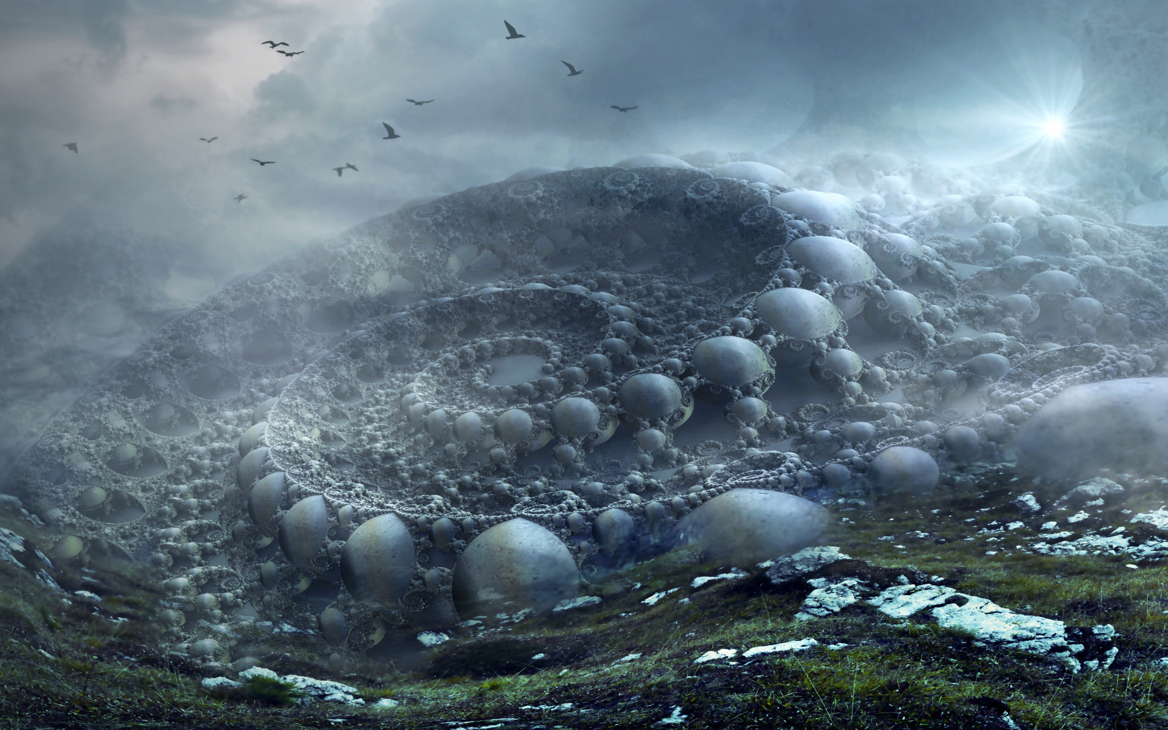 Fractal landscape with birds in the sky HD Wallpaper