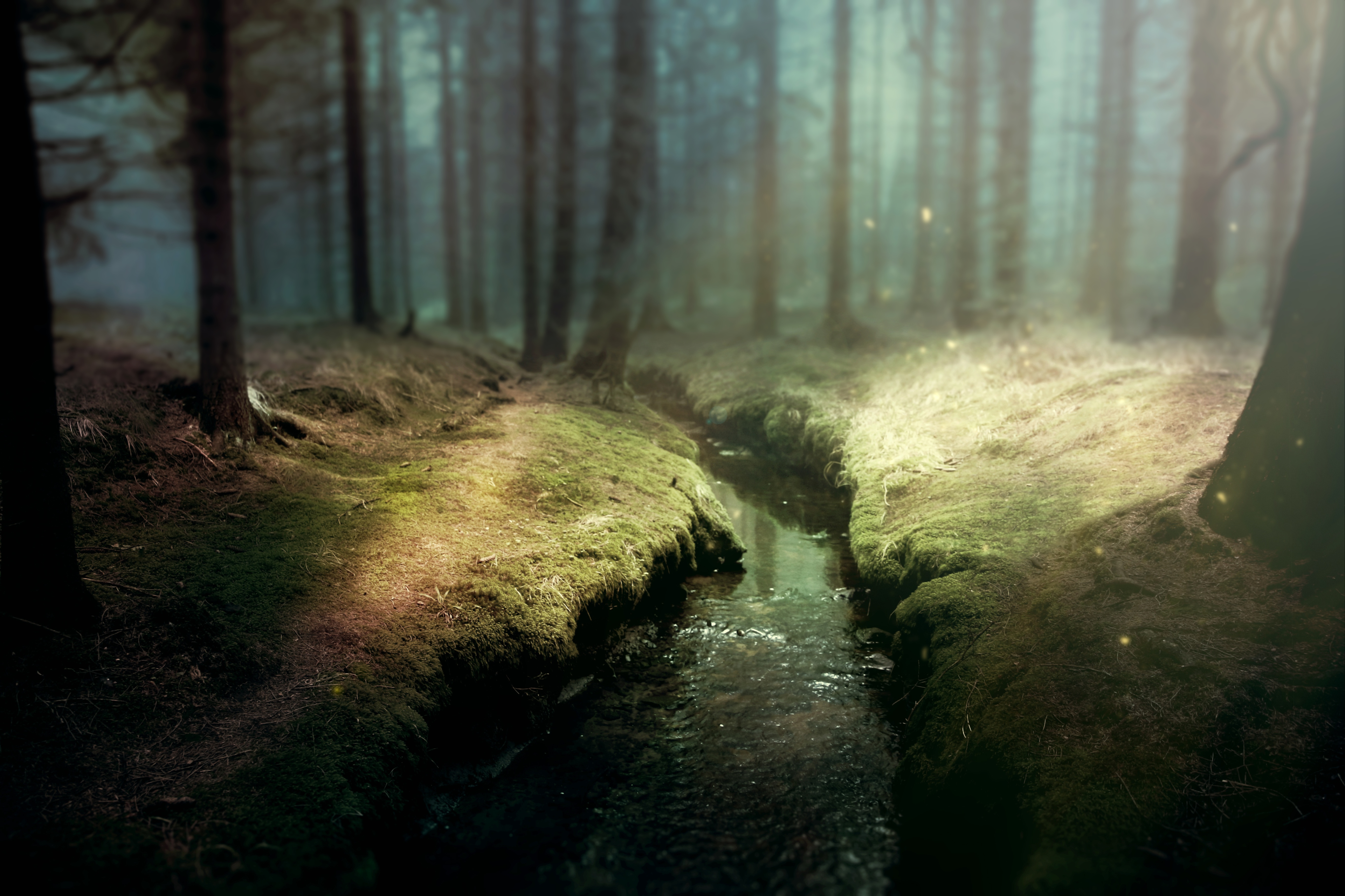 Forest stream with mossy banks and light rays HD Wallpaper