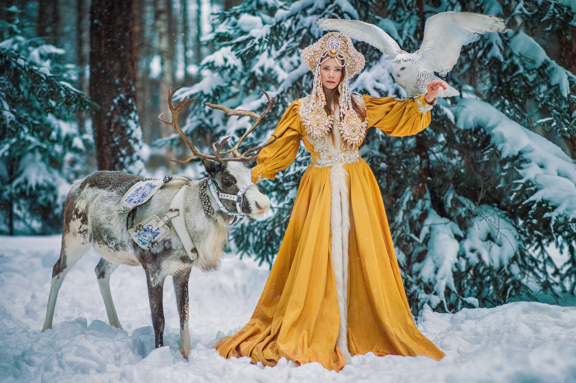 Woman in Yellow Dress with Reindeer and Owl HD Wallpaper