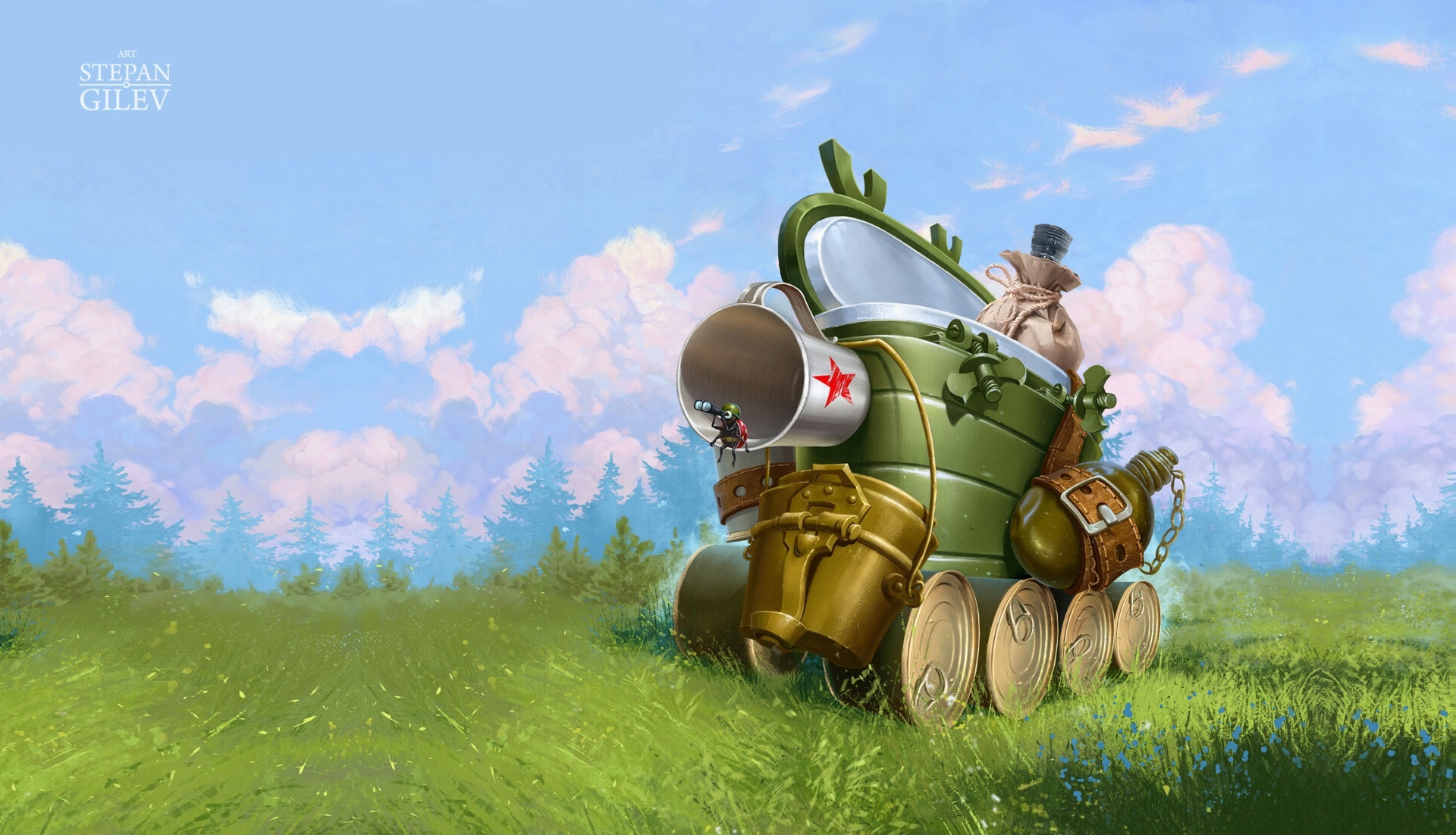 Cartoon tank with a bug and supplies in a field HD Wallpaper