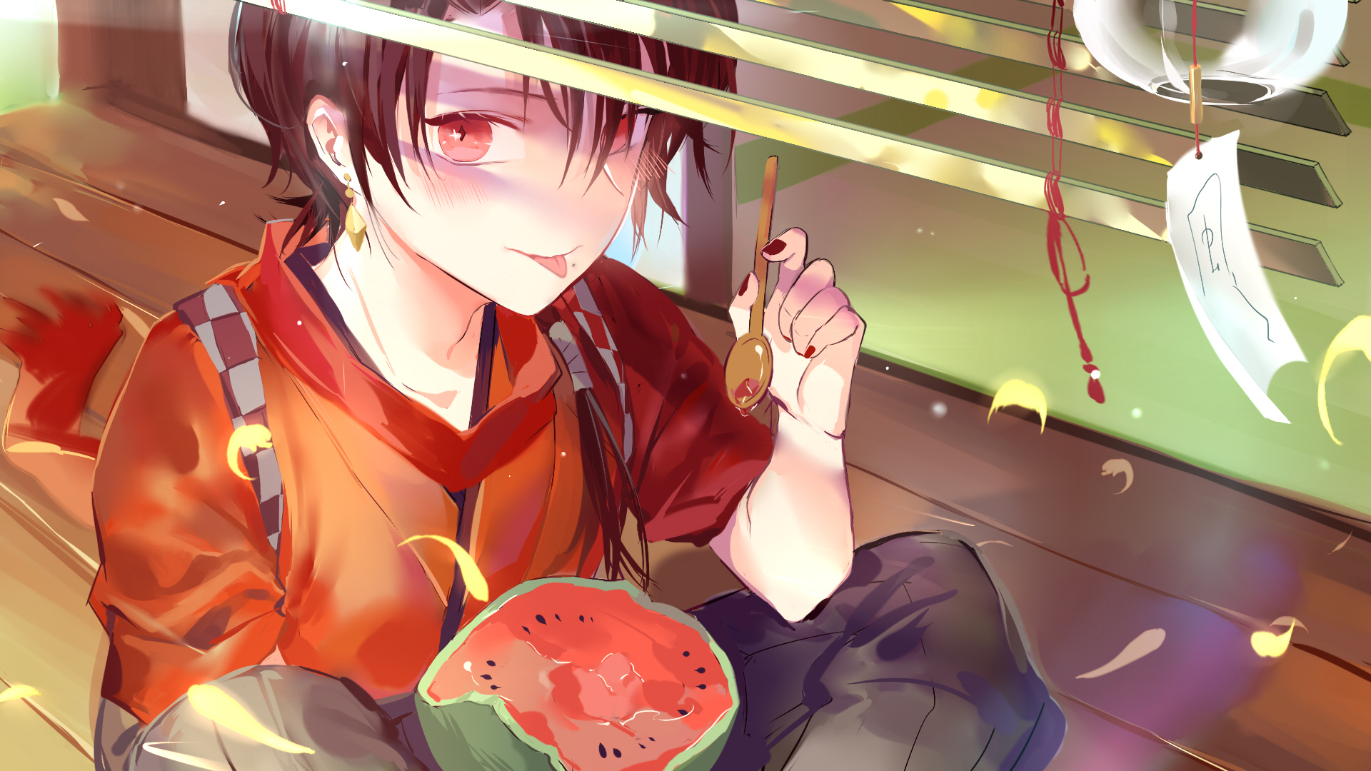 Kashuu Kiyomitsu from Touken Ranbu eating watermelon HD Wallpaper