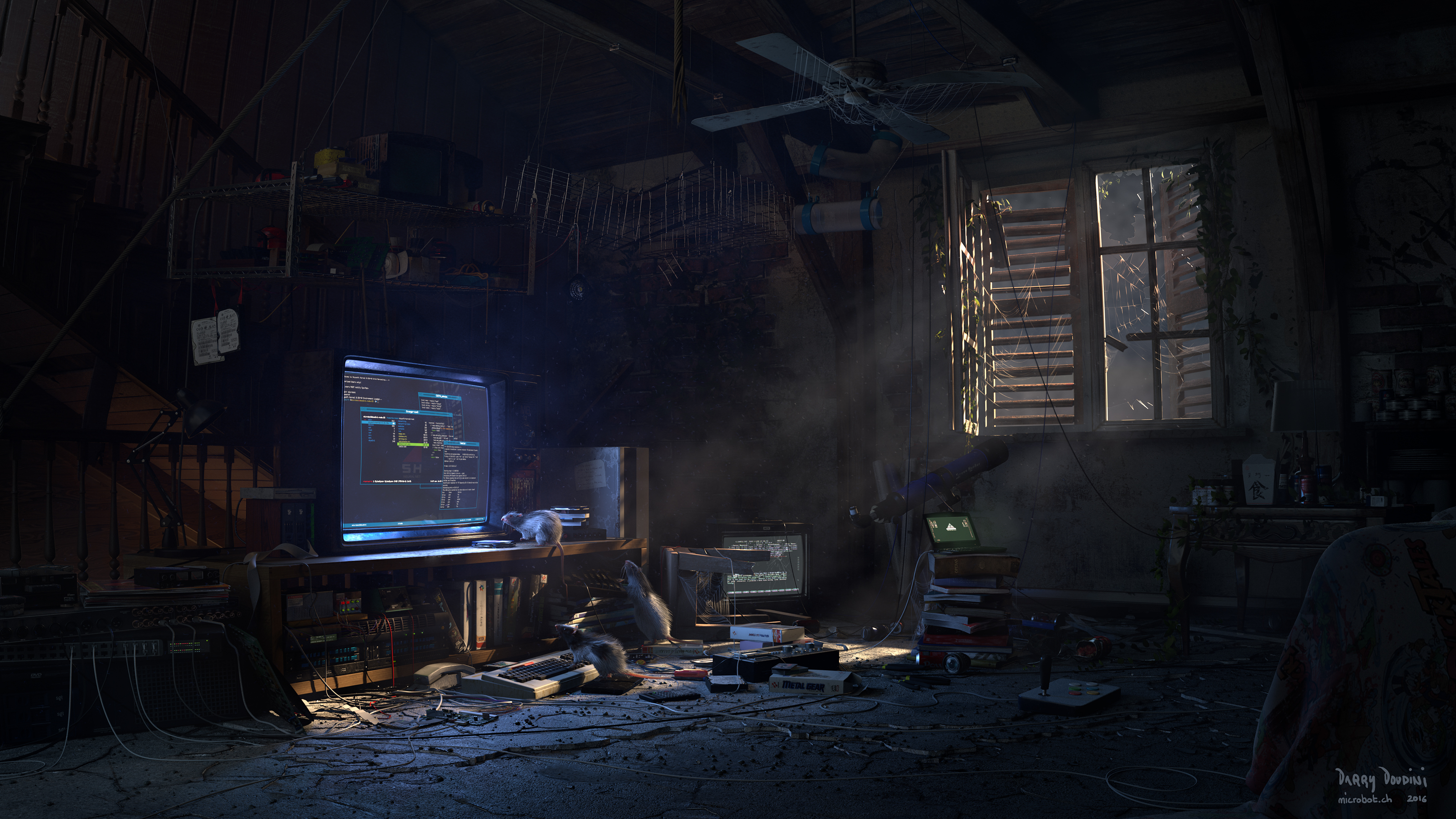 Abandoned attic with computer and rats HD Wallpaper