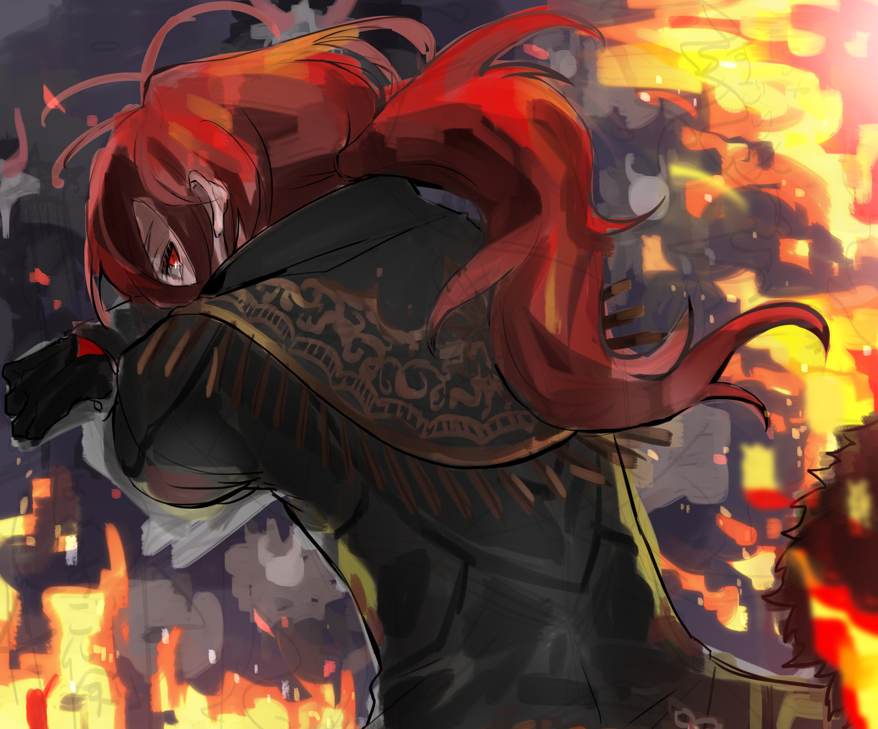 Diluc from Genshin Impact in a burning city HD Wallpaper