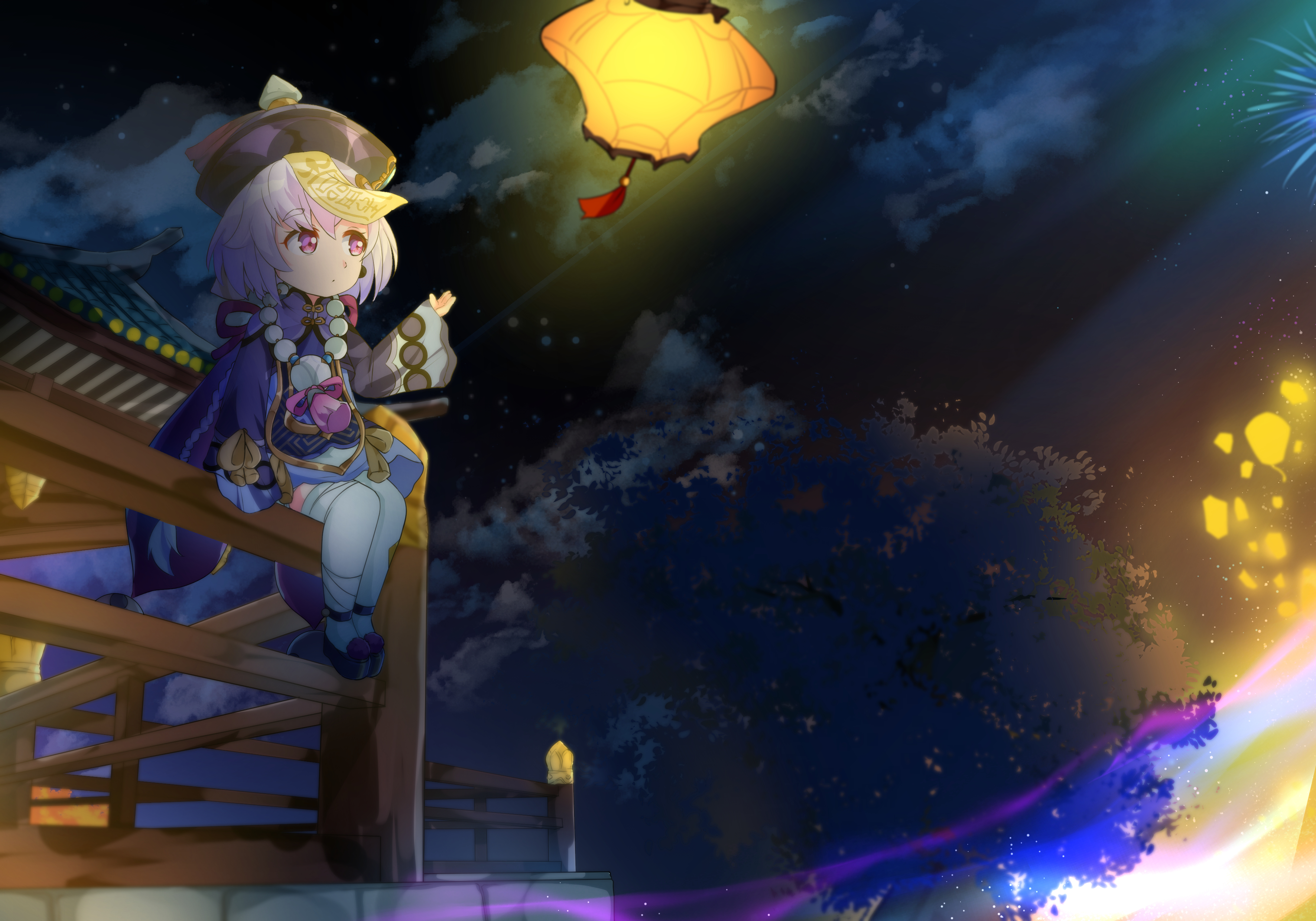 Qiqi from Genshin Impact at night with lanterns HD Wallpaper
