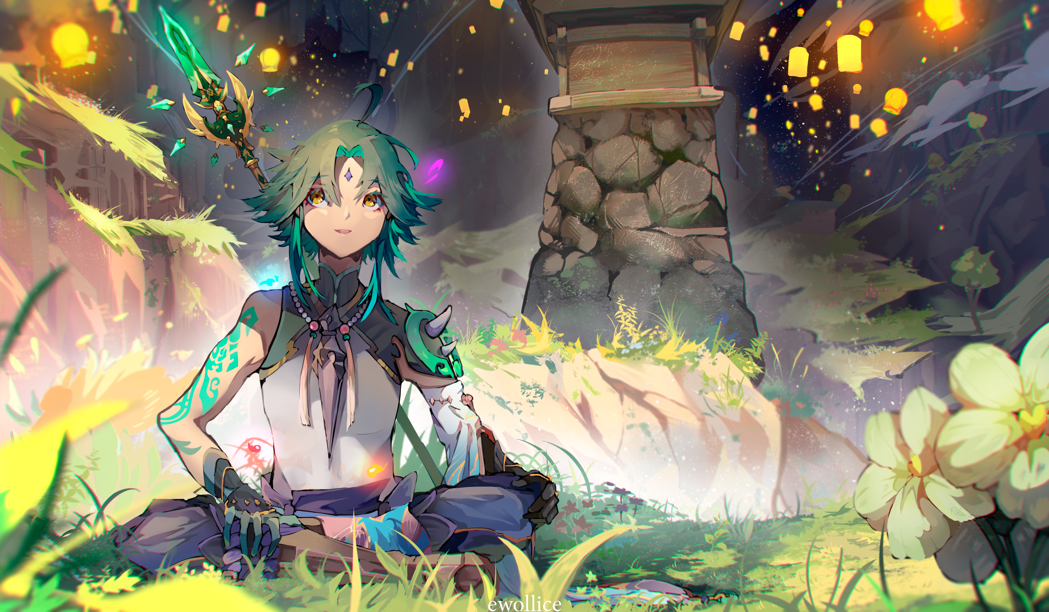 Xiao from Genshin Impact with a spear HD Wallpaper