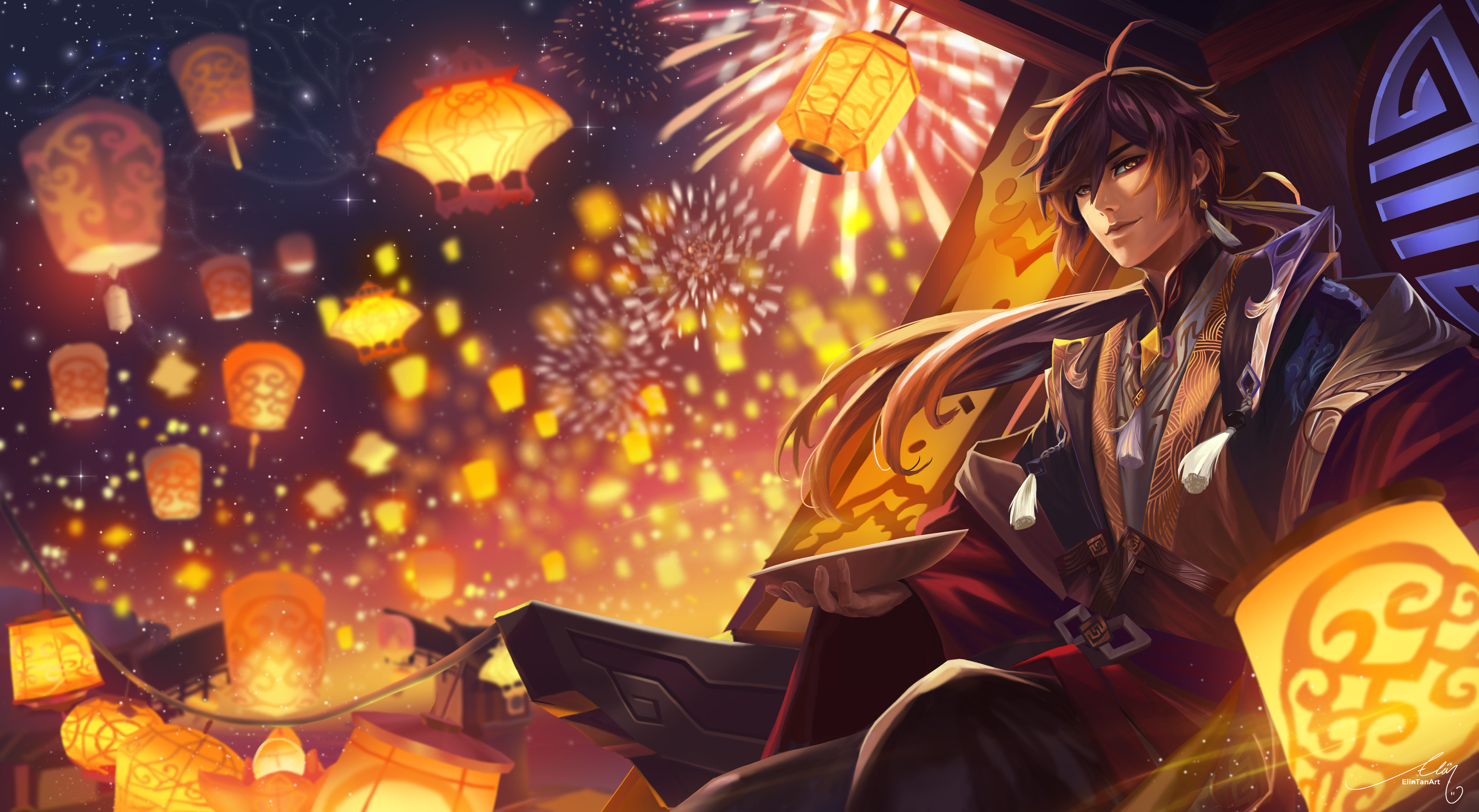 Zhongli from Genshin Impact with lanterns and fireworks HD Wallpaper