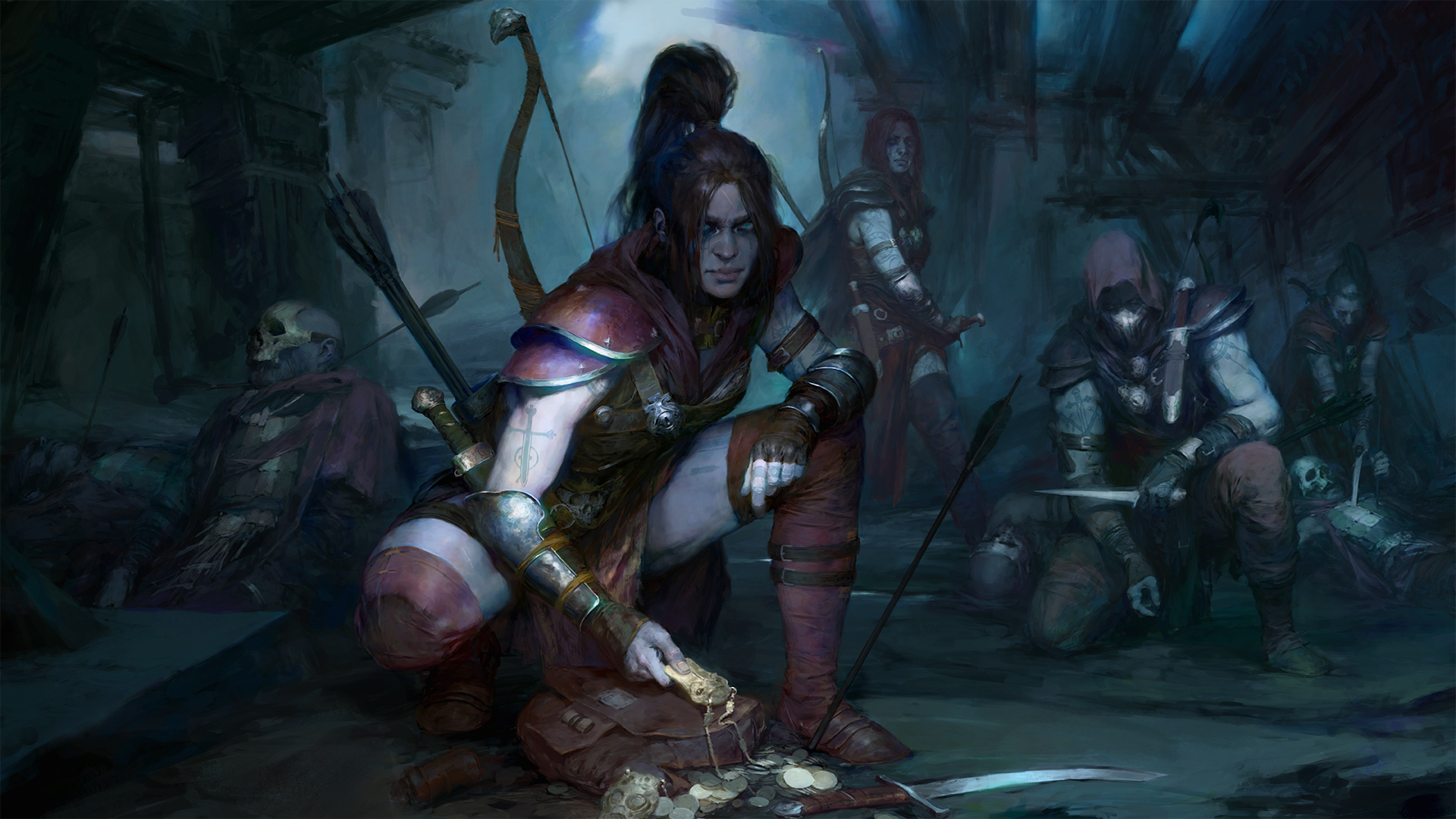 Diablo IV characters looting in a dark ruin HD Wallpaper