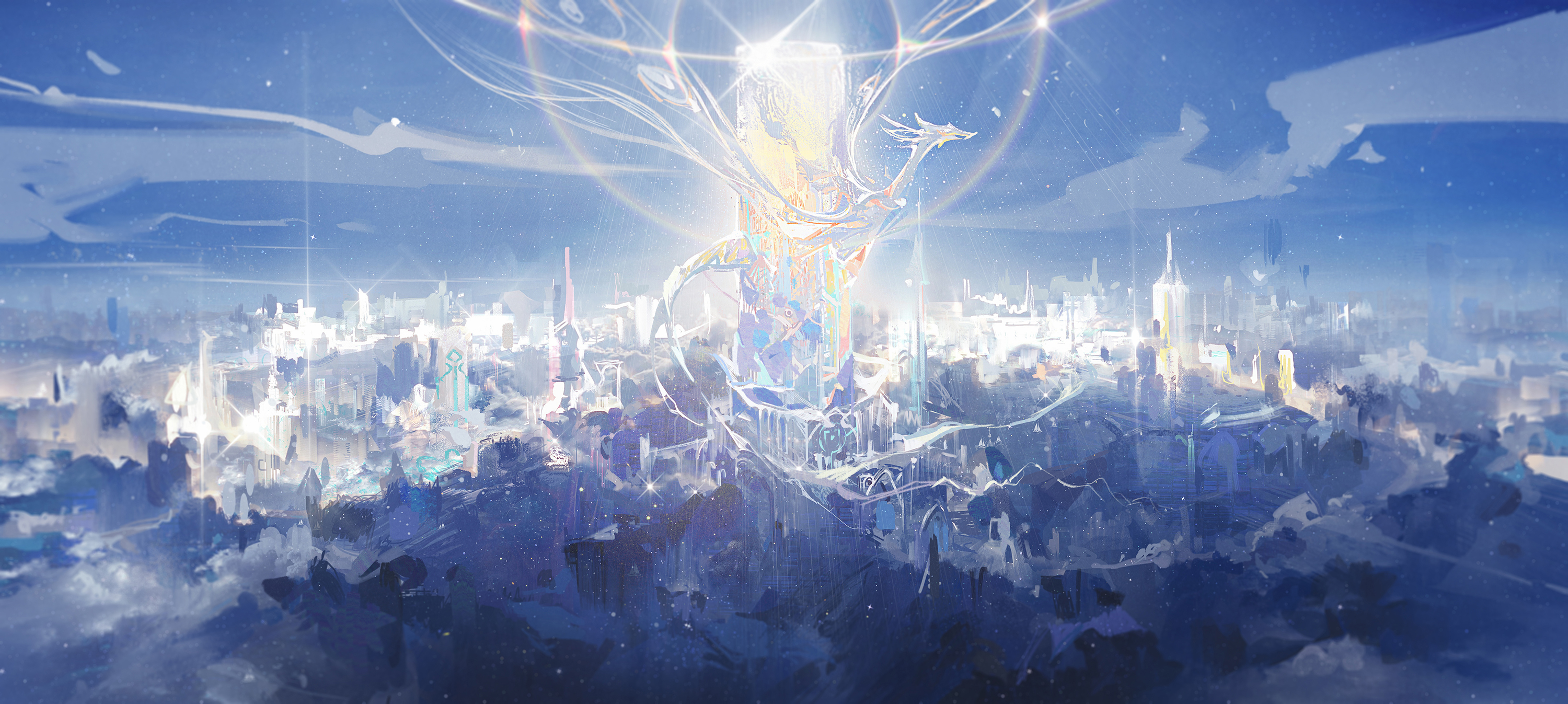 Fantasy Cityscape with a Crystal Dragon HD Wallpaper