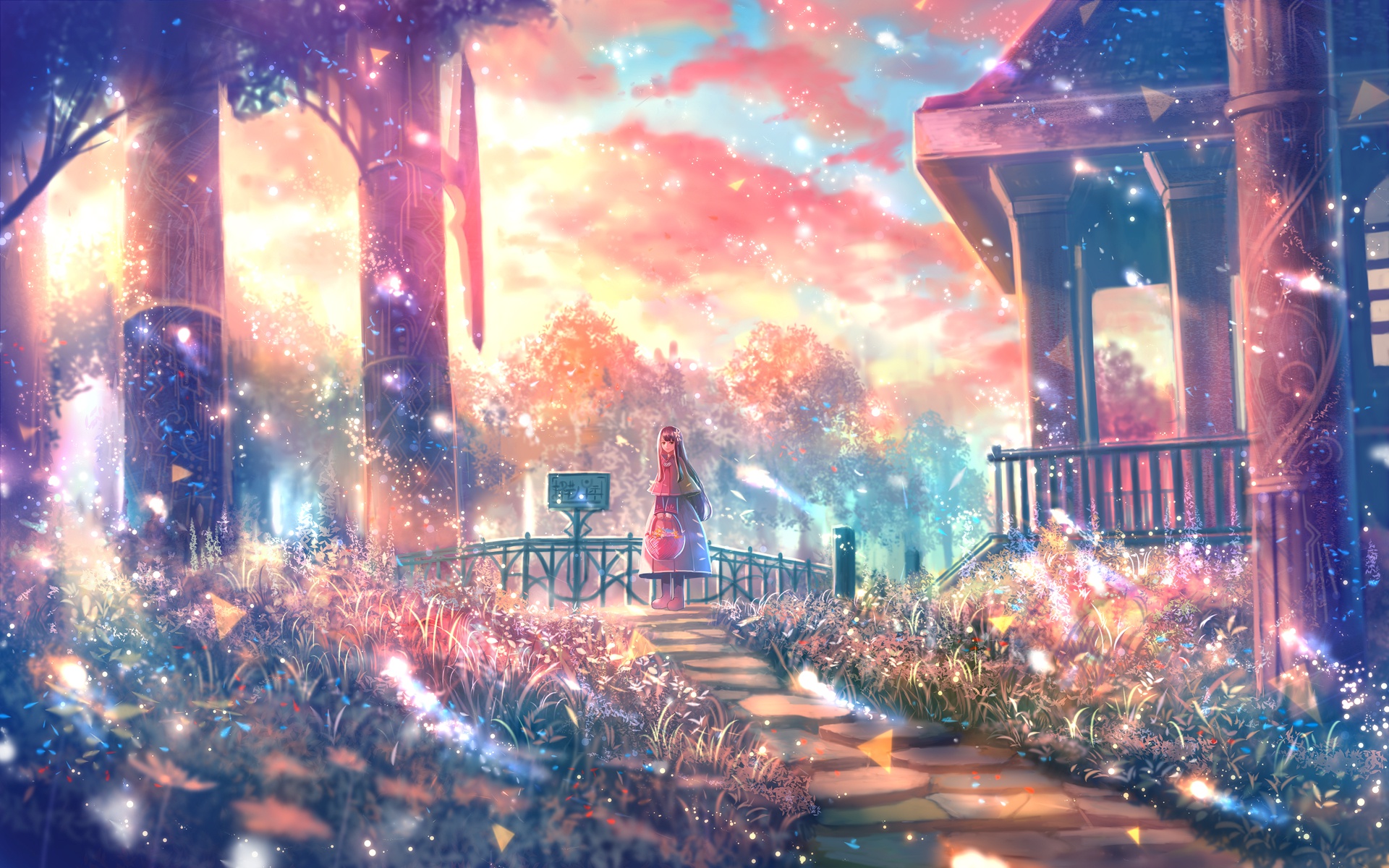 Girl in a magical forest at sunset HD Wallpaper
