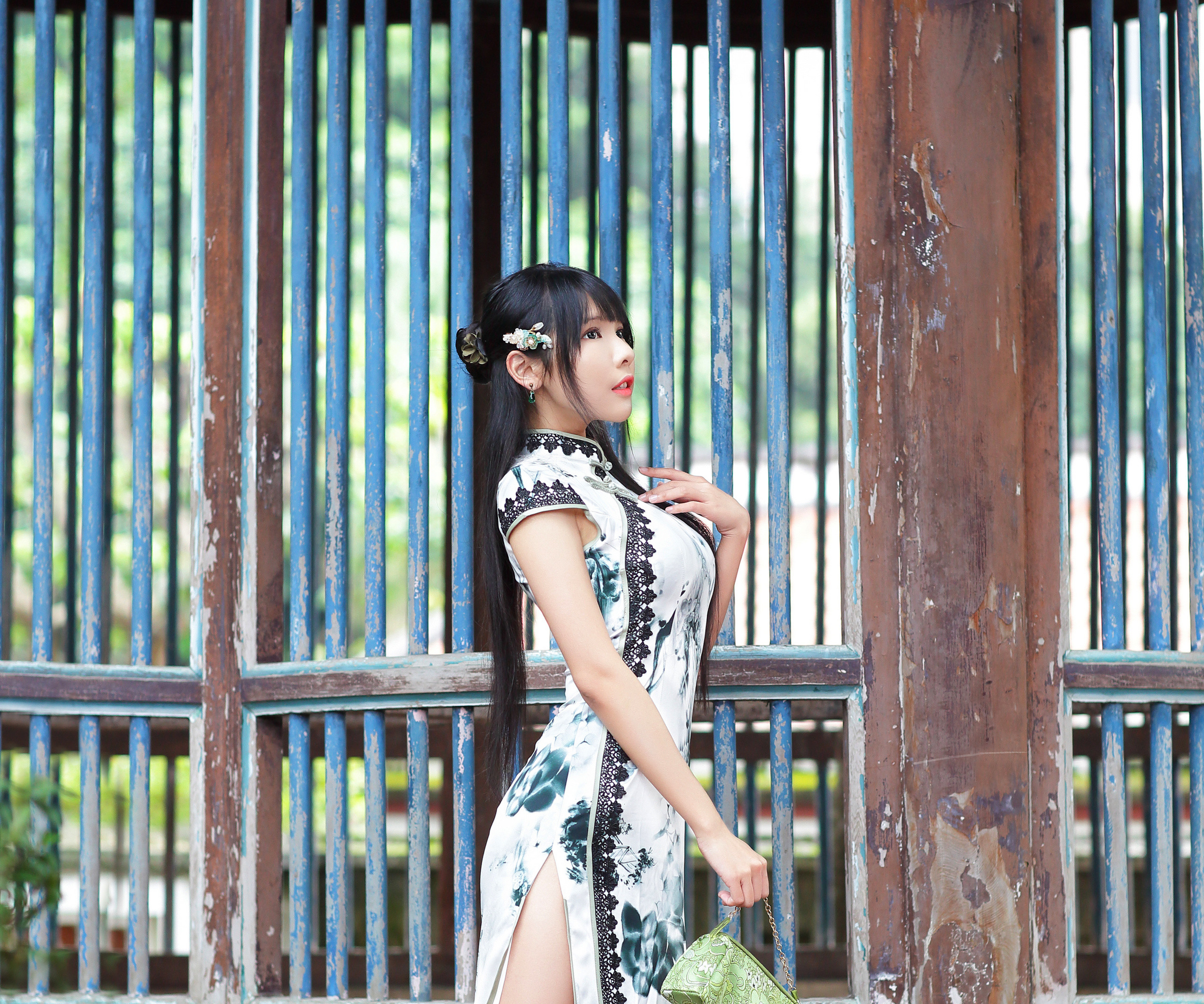 Woman in traditional Chinese dress with long black hair HD Wallpaper