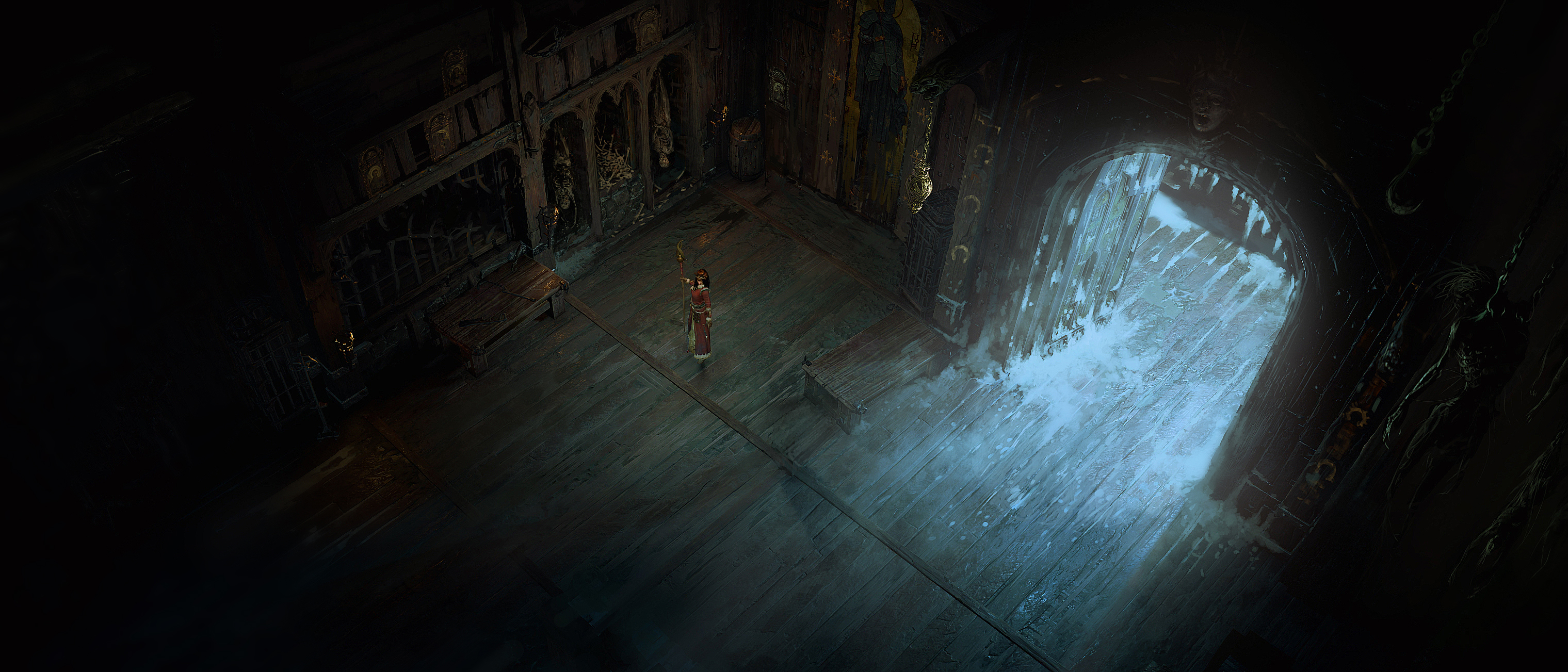 Diablo IV character in a dark, gothic hall HD Wallpaper