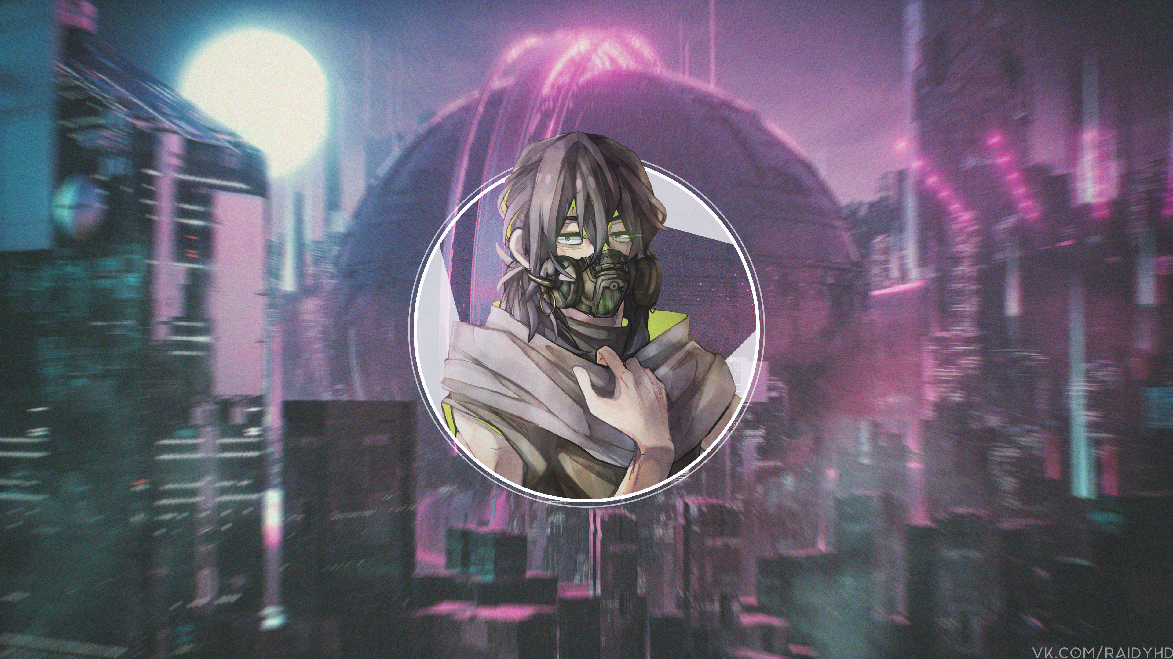 Anime character with gas mask in cyberpunk city HD Wallpaper