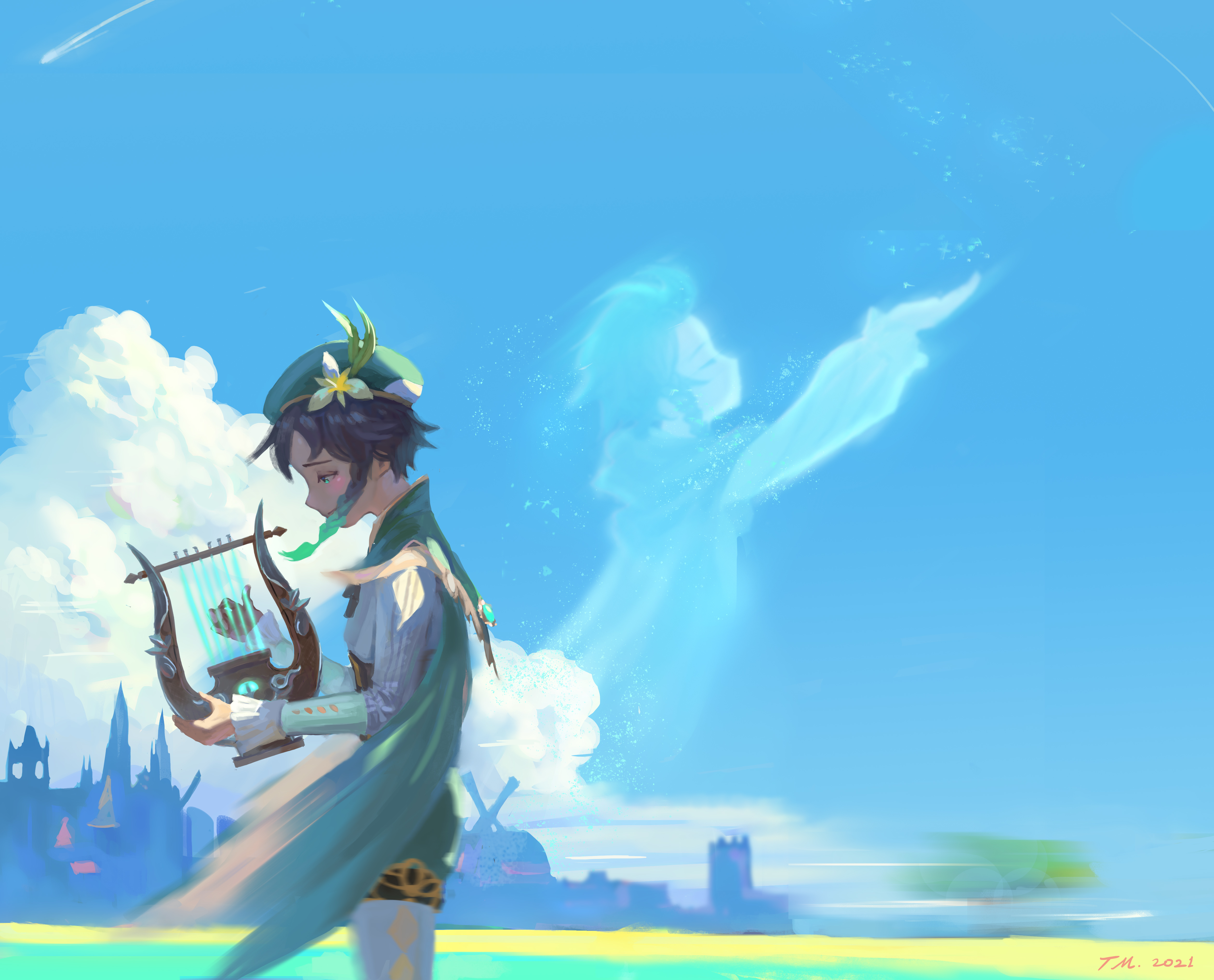 Venti from Genshin Impact playing a lyre HD Wallpaper