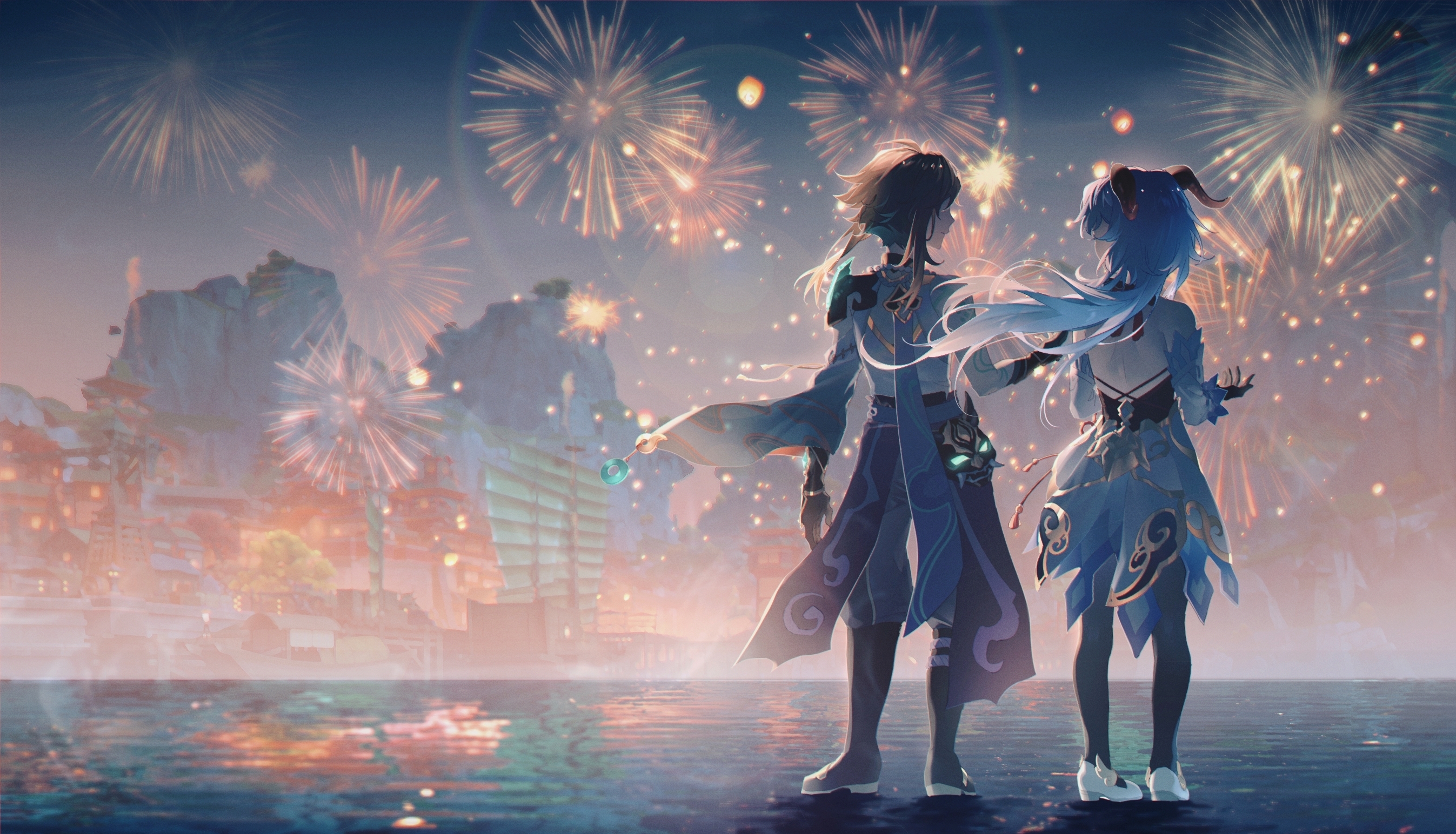 Ganyu and Xiao from Genshin Impact watching fireworks HD Wallpaper