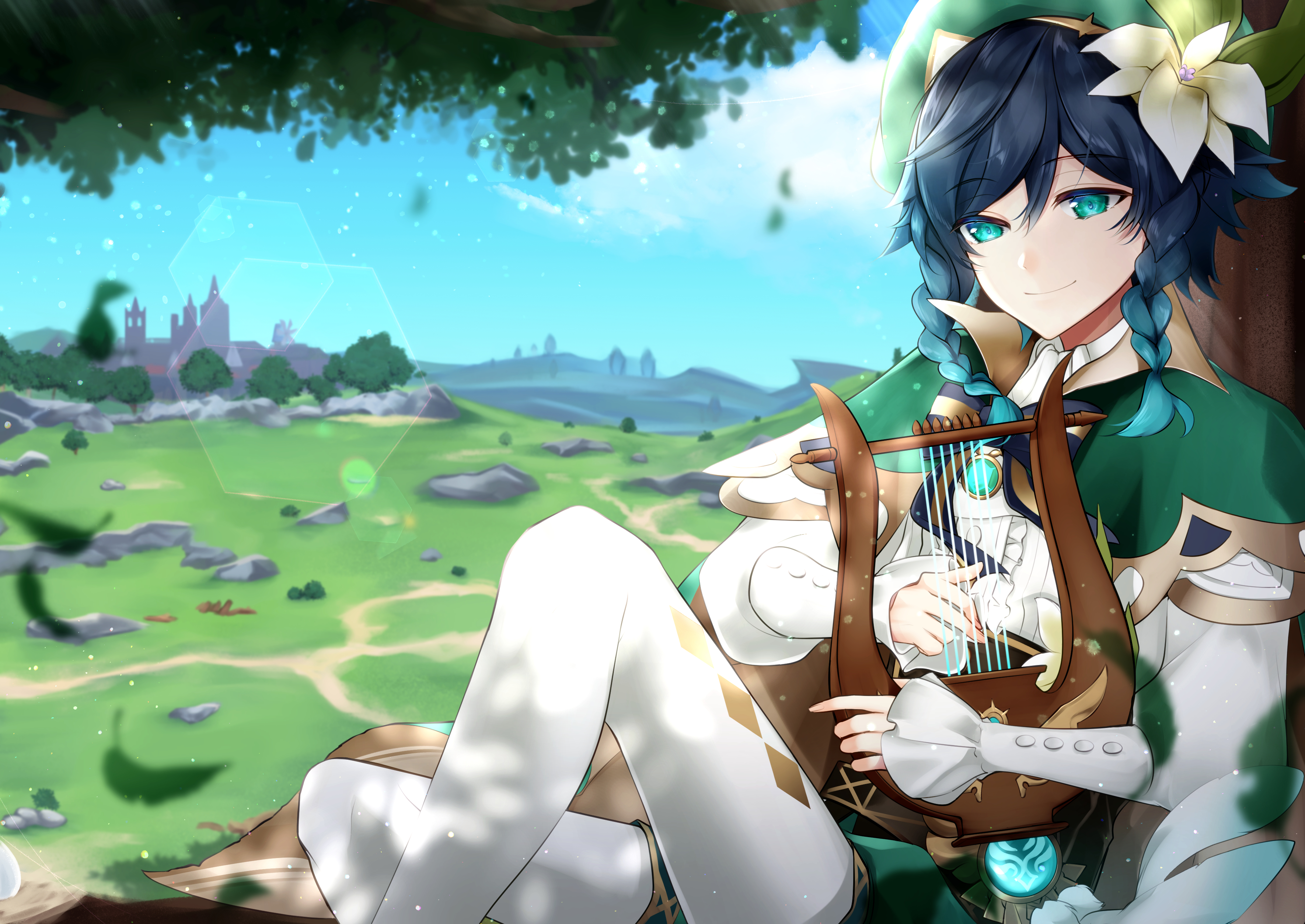 Venti from Genshin Impact playing a lyre HD Wallpaper