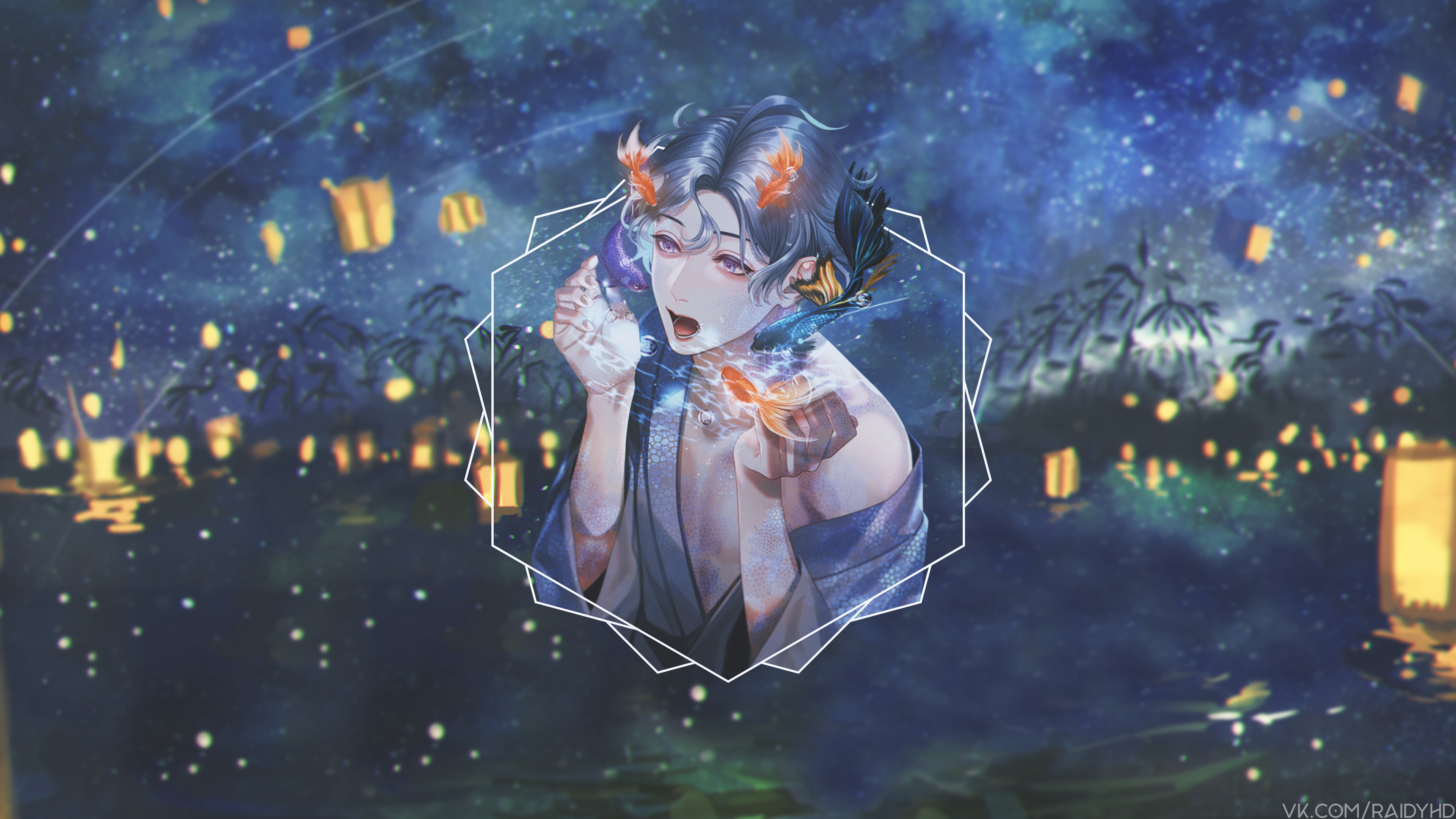 Anime Boy with Koi Fish and Lanterns HD Wallpaper