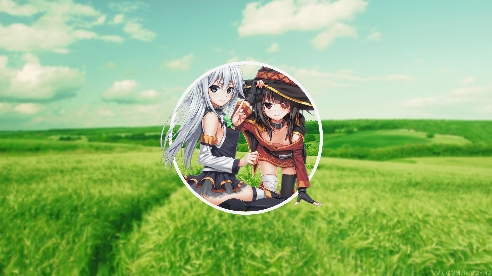 Megumin and Yunyun from KonoSuba in a field HD Wallpaper