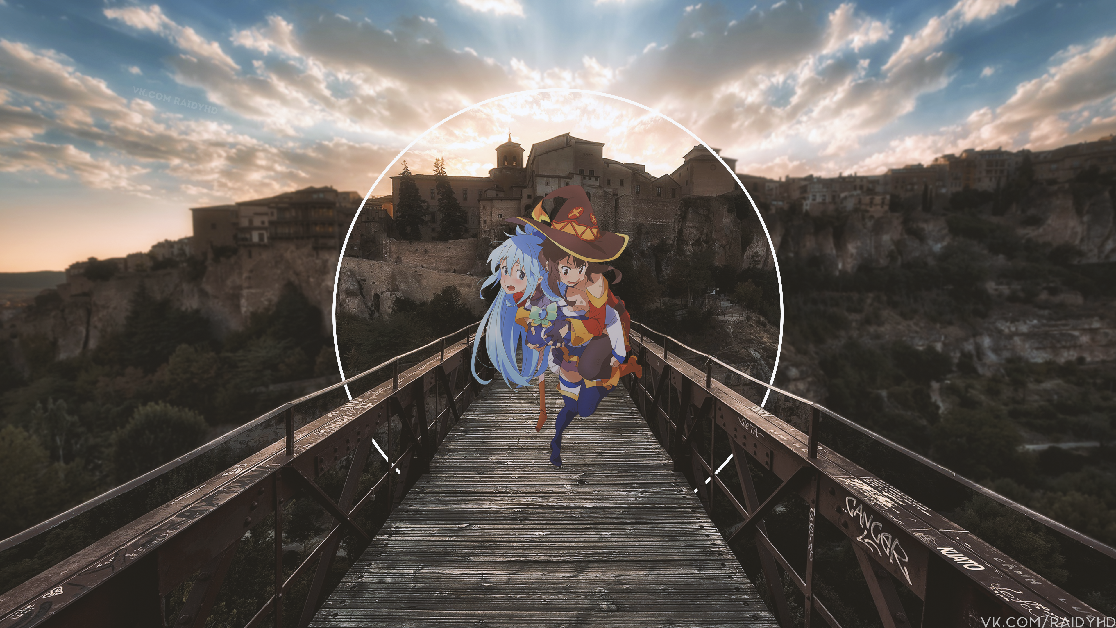 Aqua and Megumin from KonoSuba on a bridge HD Wallpaper