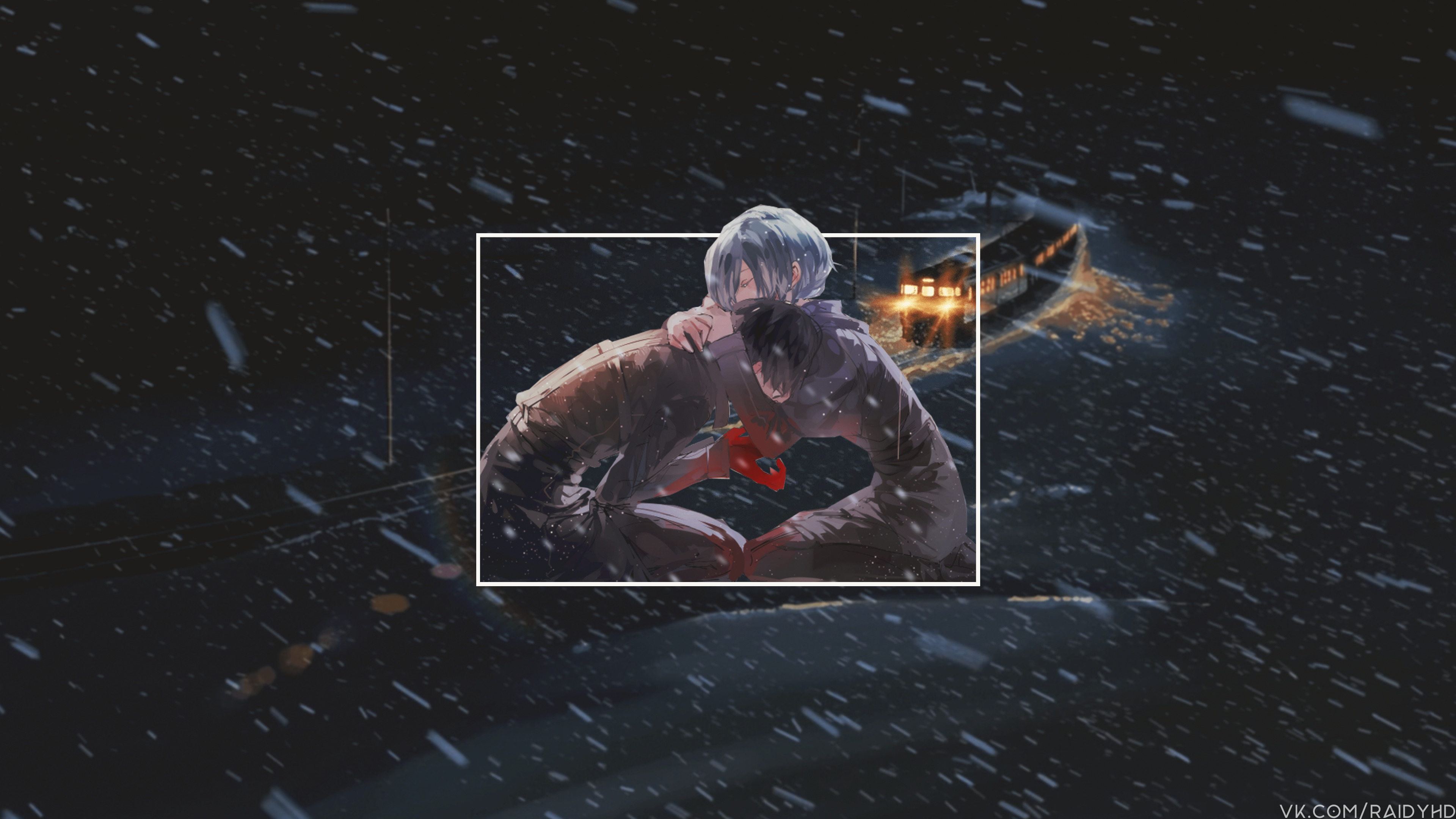 Ken Kaneki and Touka Kirishima hugging in the snow HD Wallpaper