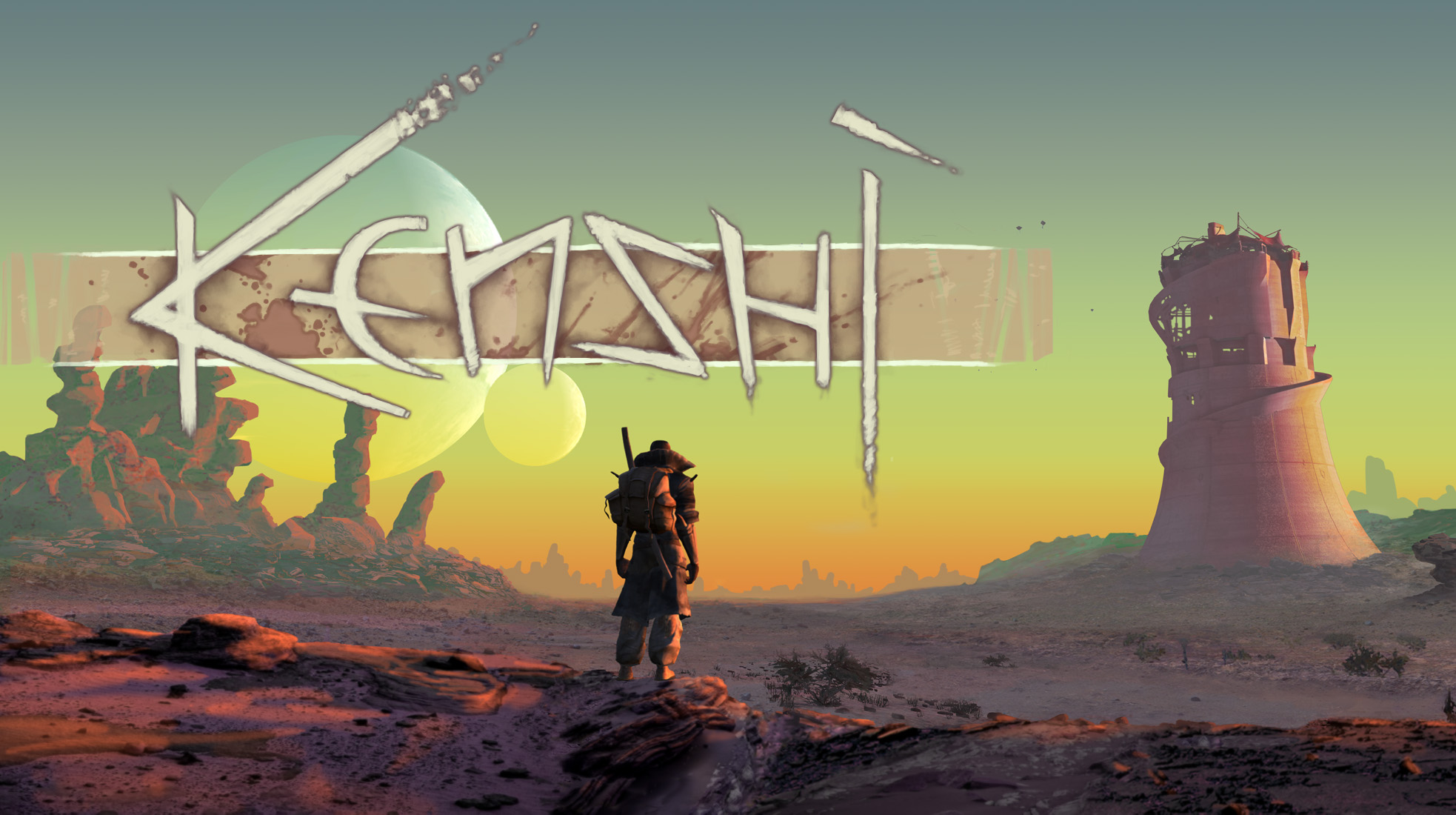 Kenshi game title with a lone wanderer in a desert landscape HD Wallpaper