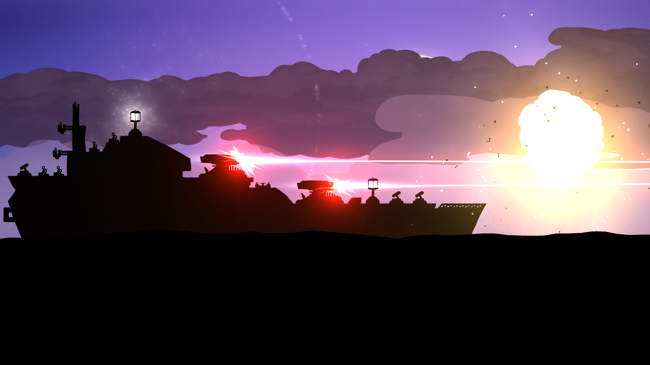 Battlecruisers firing lasers at an explosion HD Wallpaper