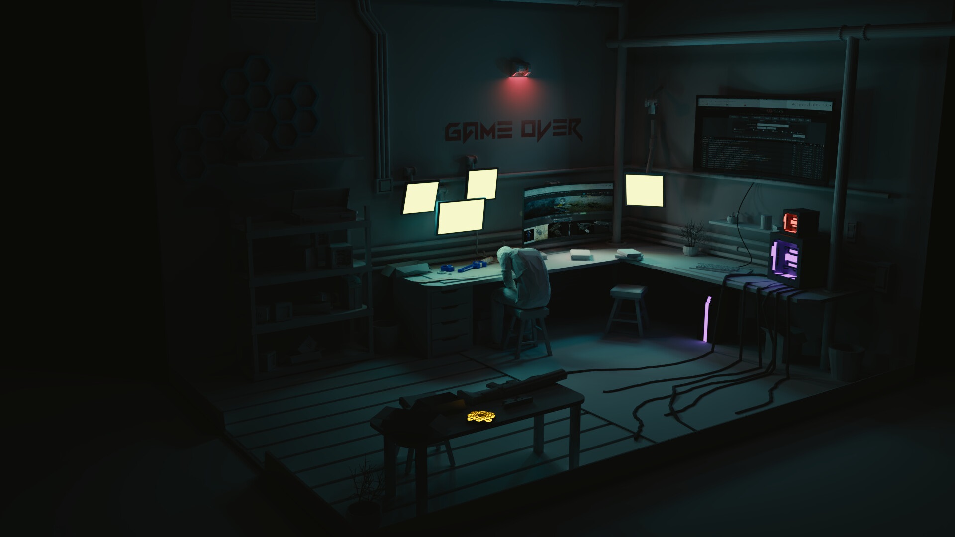 Cyberpunk game room with "Game Over" sign HD Wallpaper