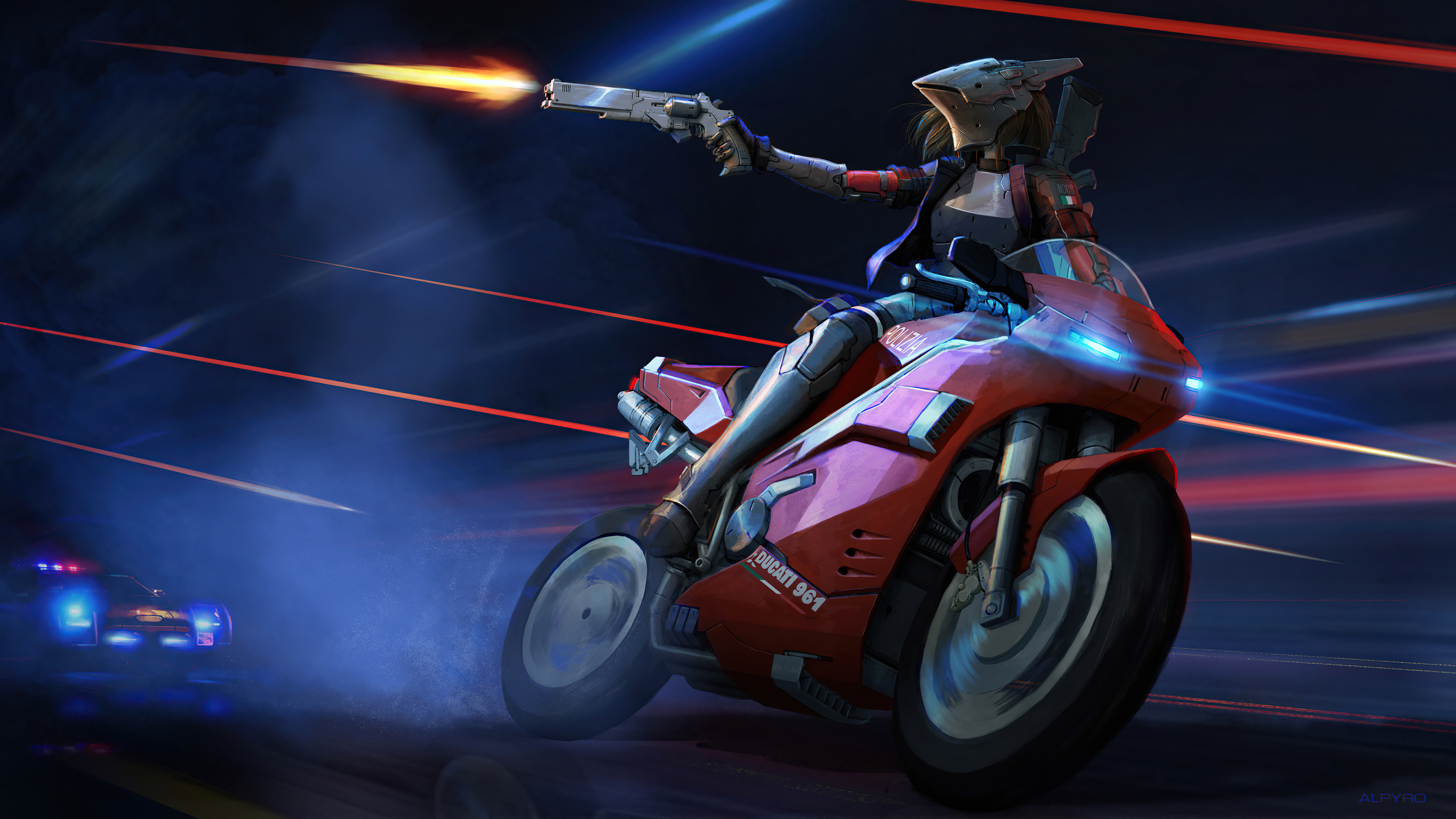 Sci-Fi Cyborg Woman on Motorcycle Shooting Gun HD Wallpaper