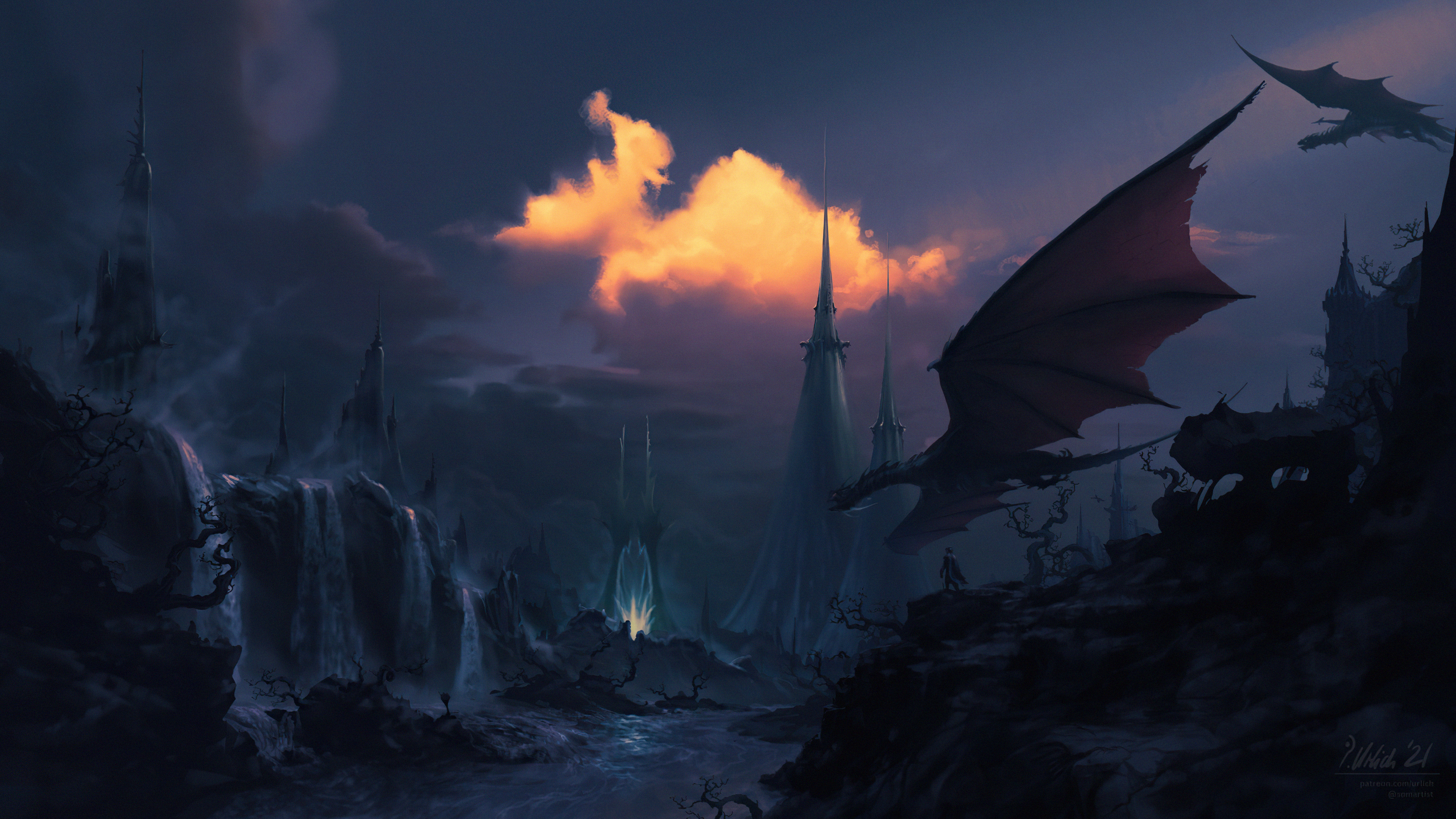 Fantasy landscape with dragons and castles 4K HD Wallpaper