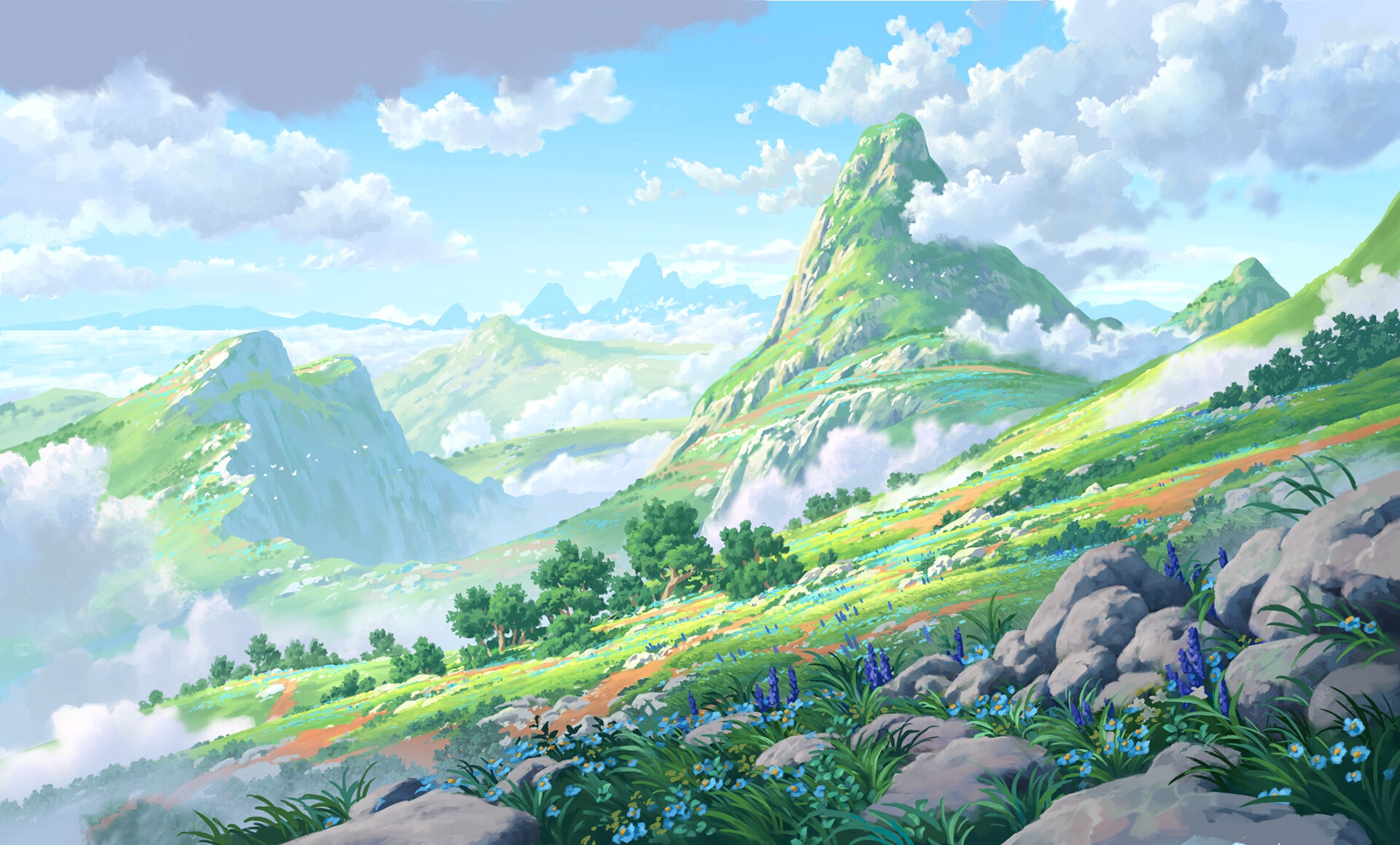 Artistic landscape with mountains, clouds, and flowers HD Wallpaper
