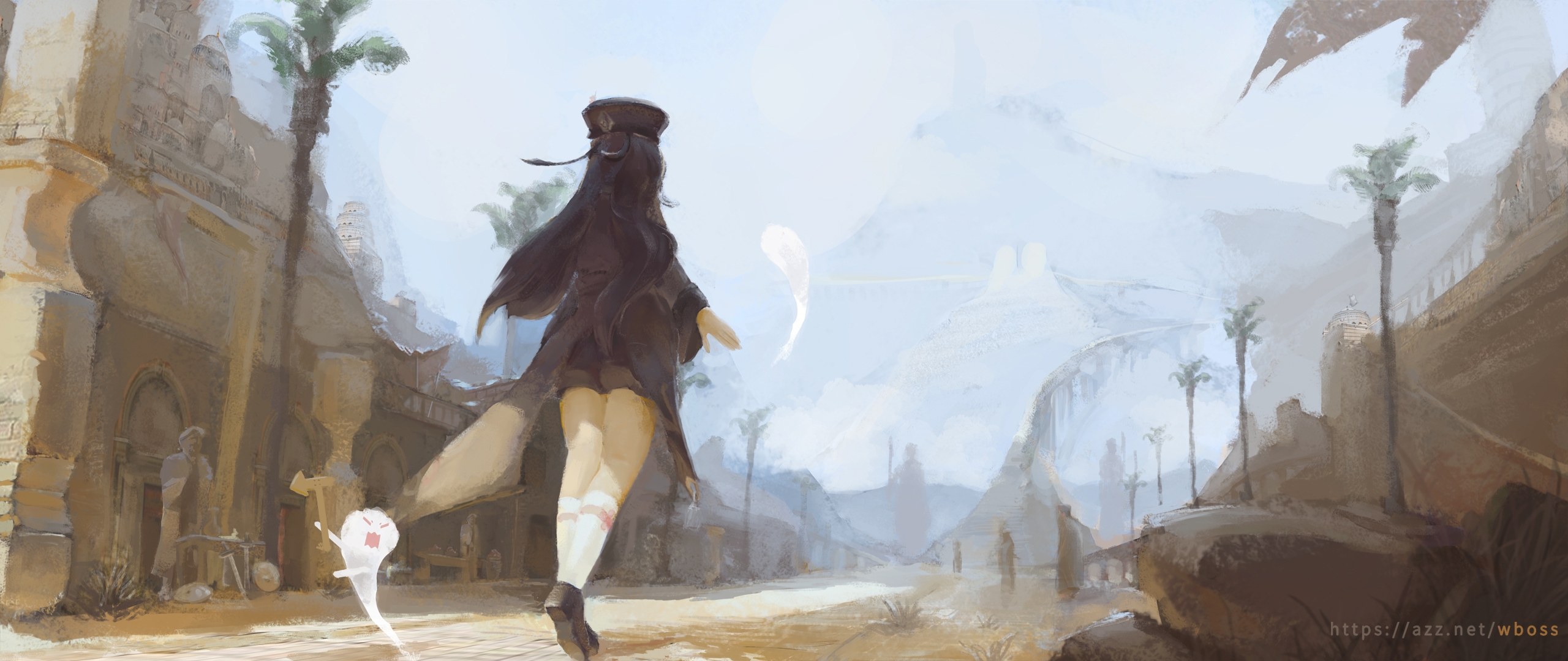 Hu Tao from Genshin Impact in a desert city HD Wallpaper