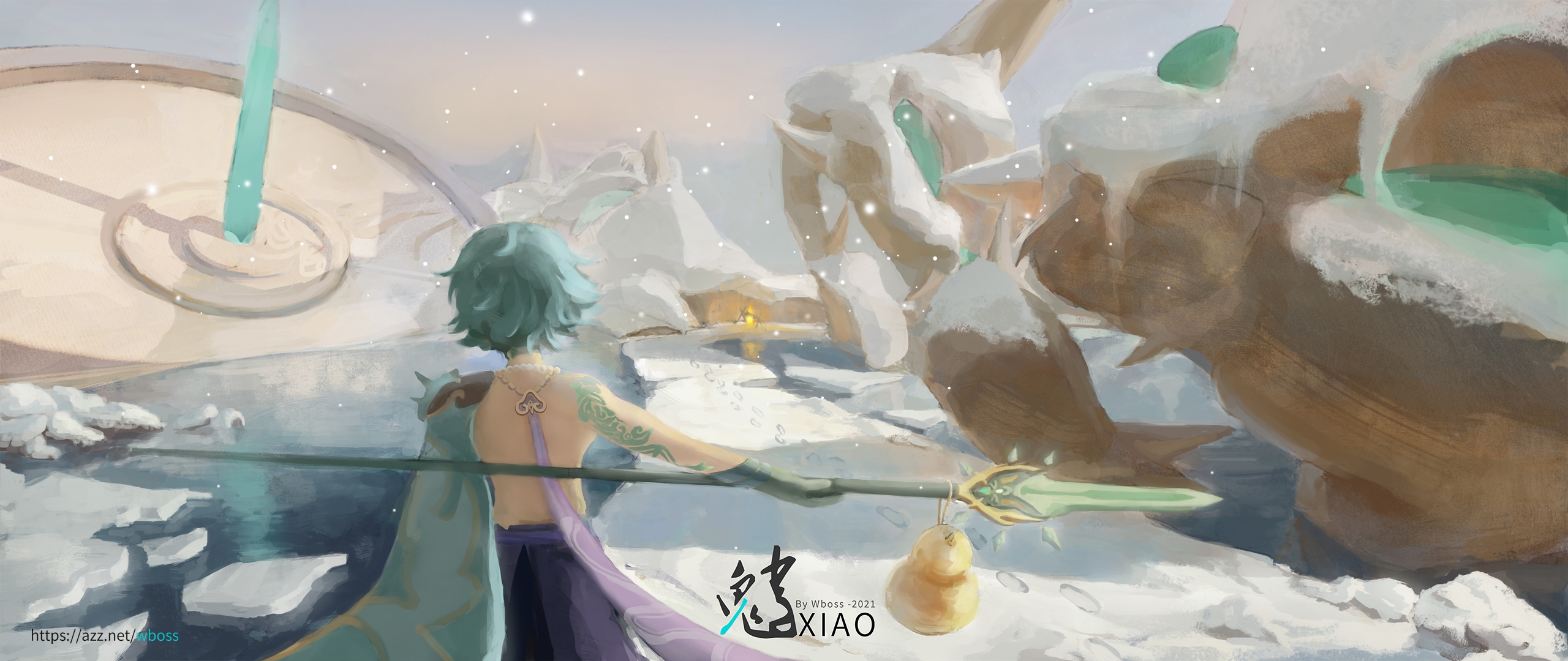 Xiao from Genshin Impact in a snowy landscape HD Wallpaper