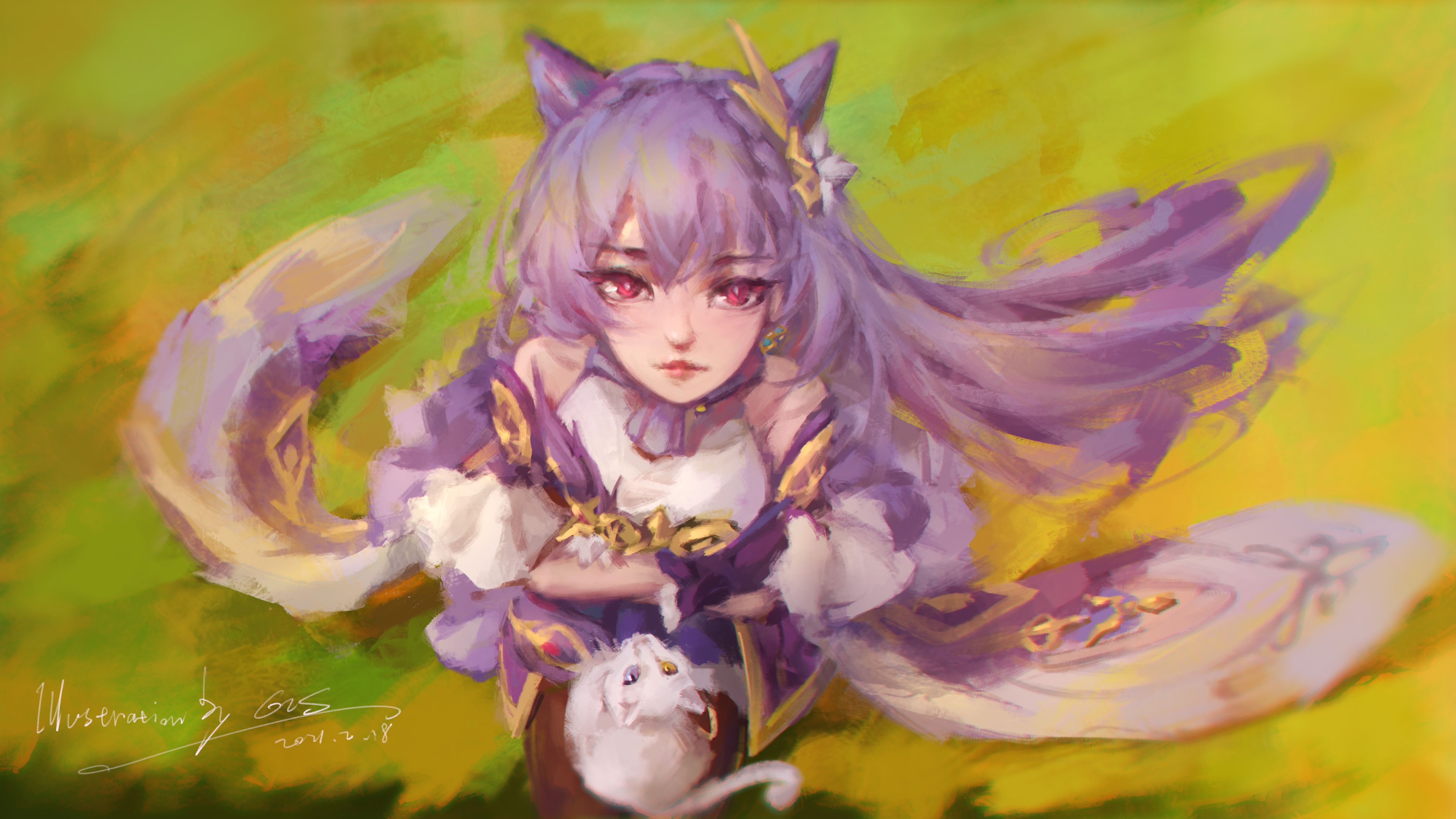 Keqing from Genshin Impact with a cat HD Wallpaper