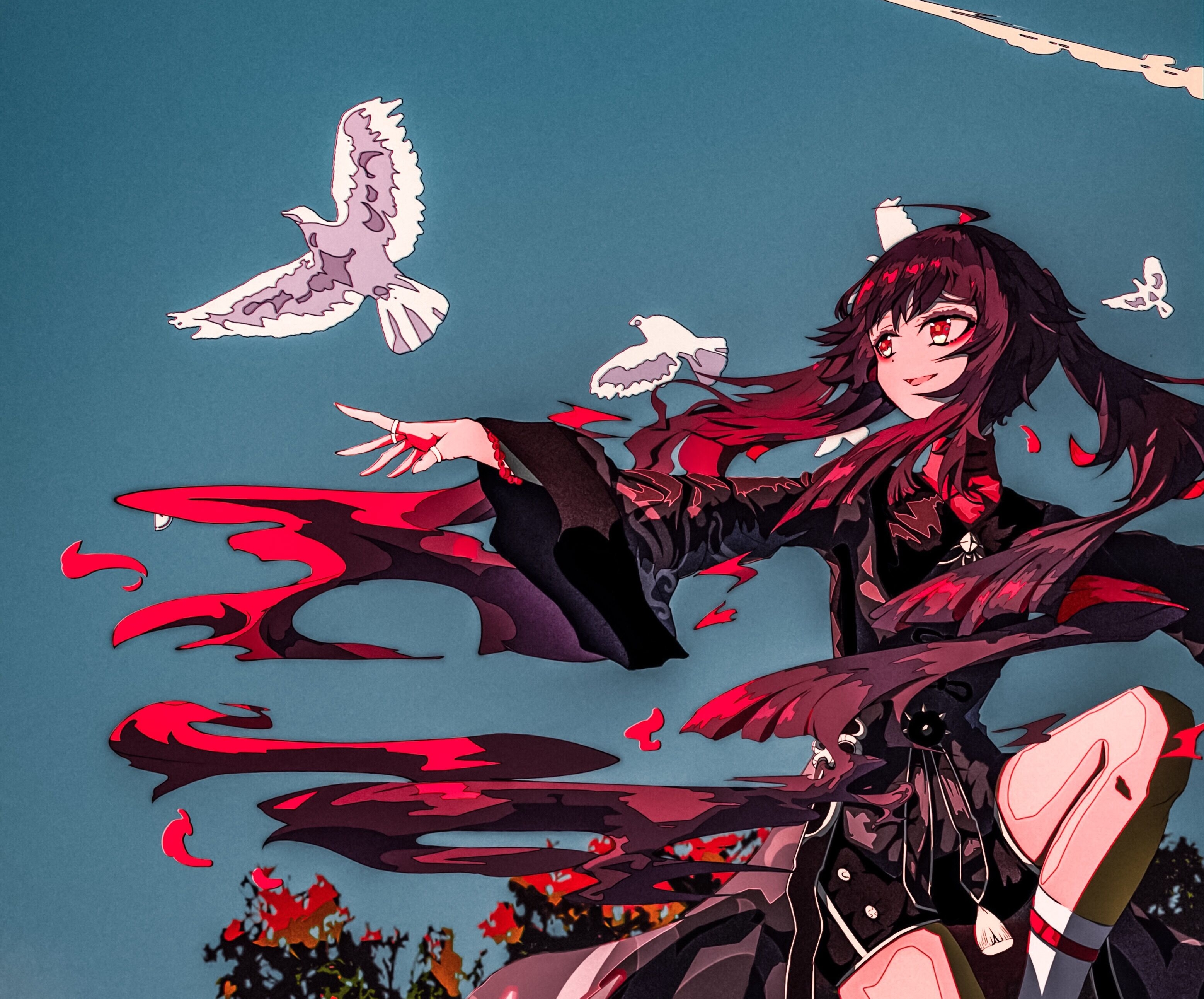 Hu Tao from Genshin Impact with doves HD Wallpaper