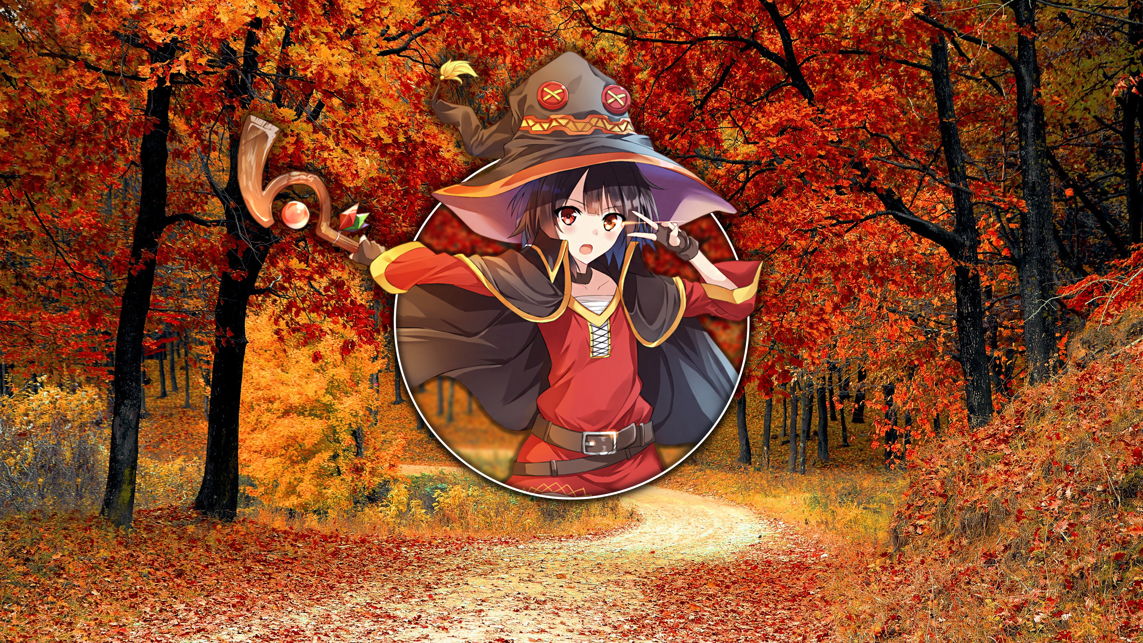 Megumin from KonoSuba in autumn forest HD Wallpaper