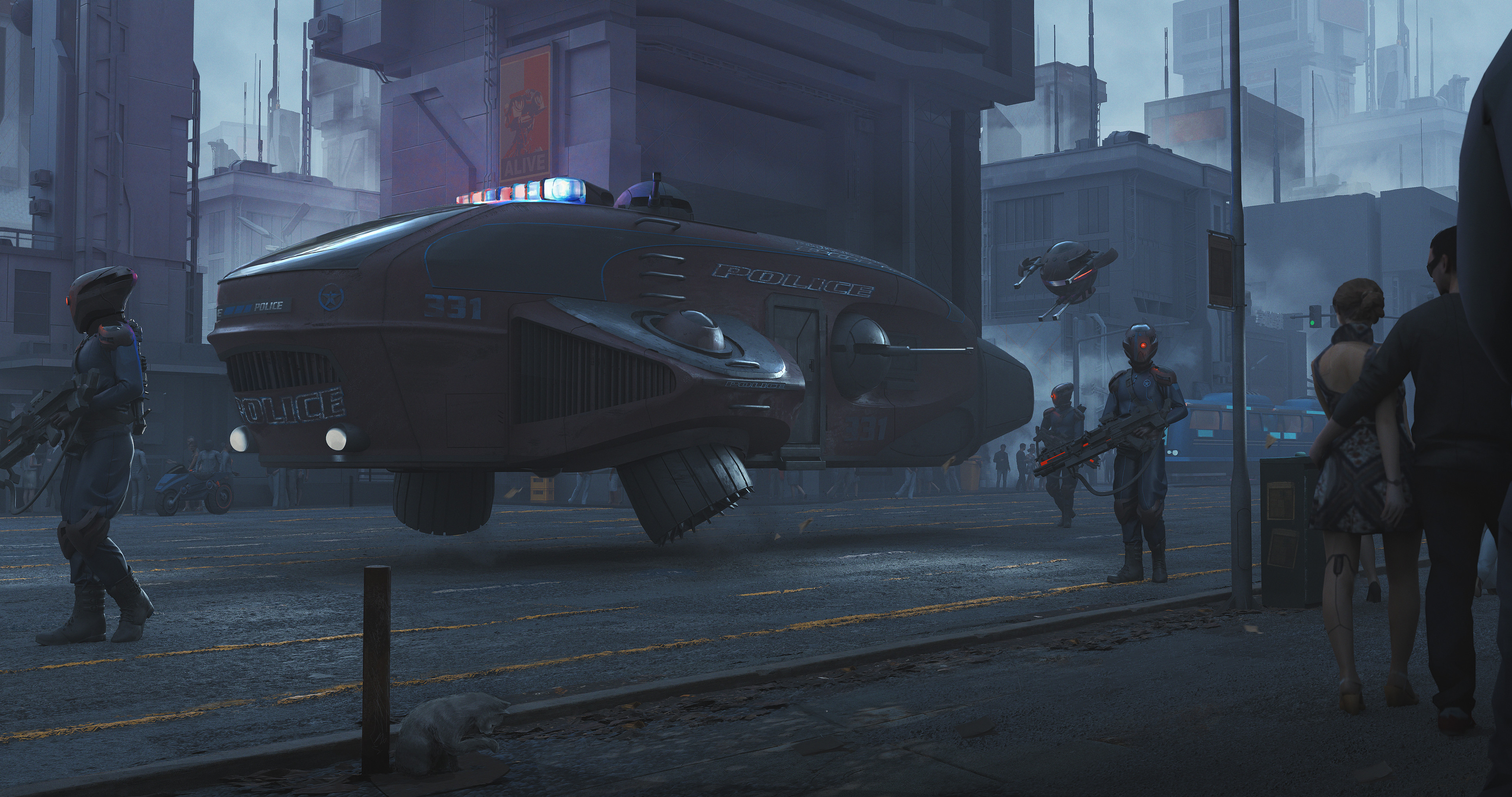 Police hovercar and officers in a futuristic city HD Wallpaper