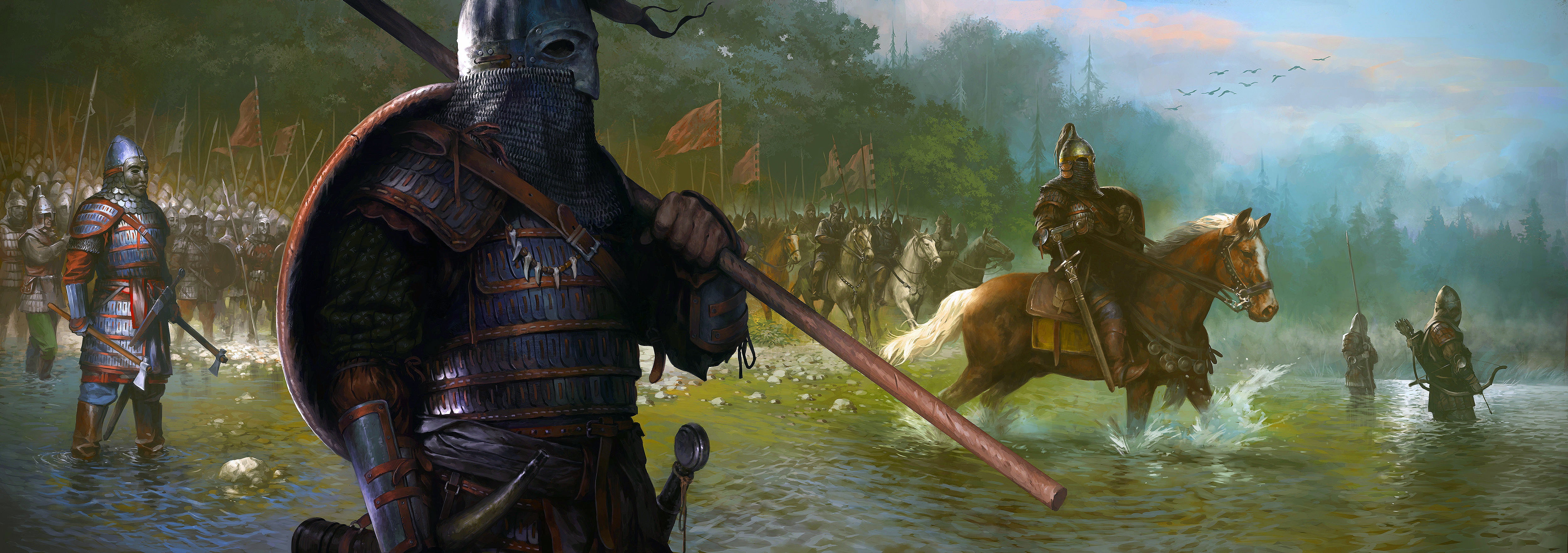 Warriors crossing a river in Kingdom Come: Deliverance HD Wallpaper
