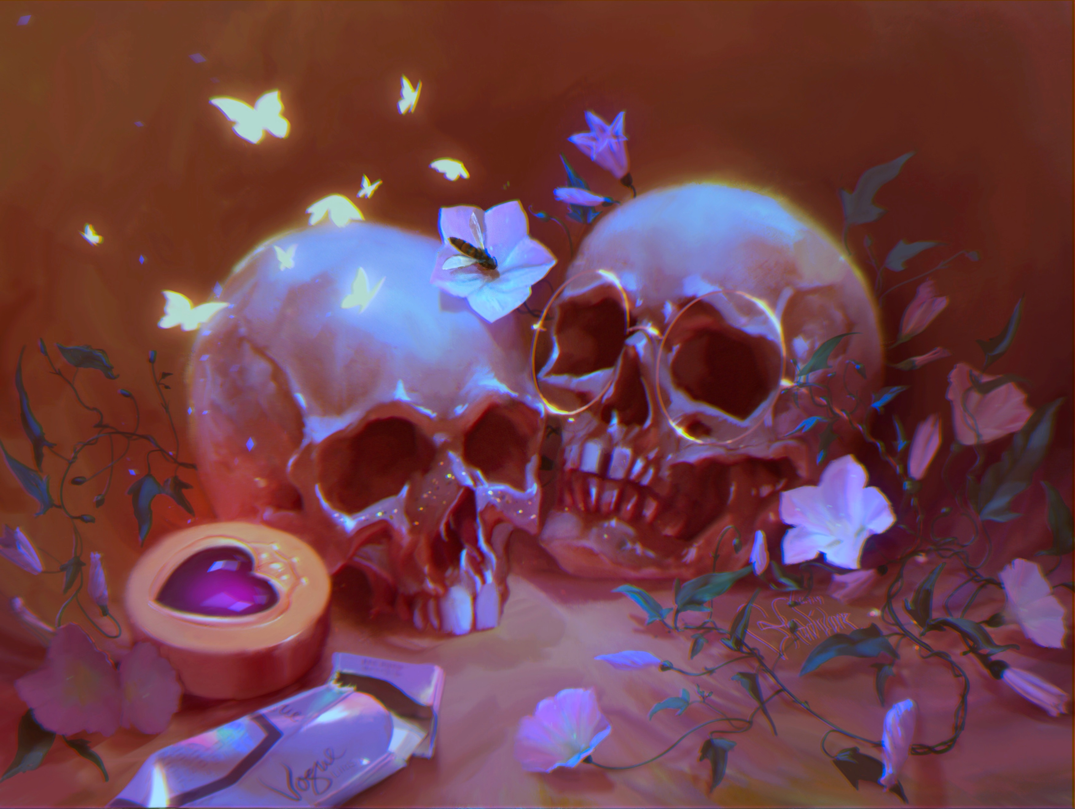 Two skulls with butterflies and flowers HD Wallpaper