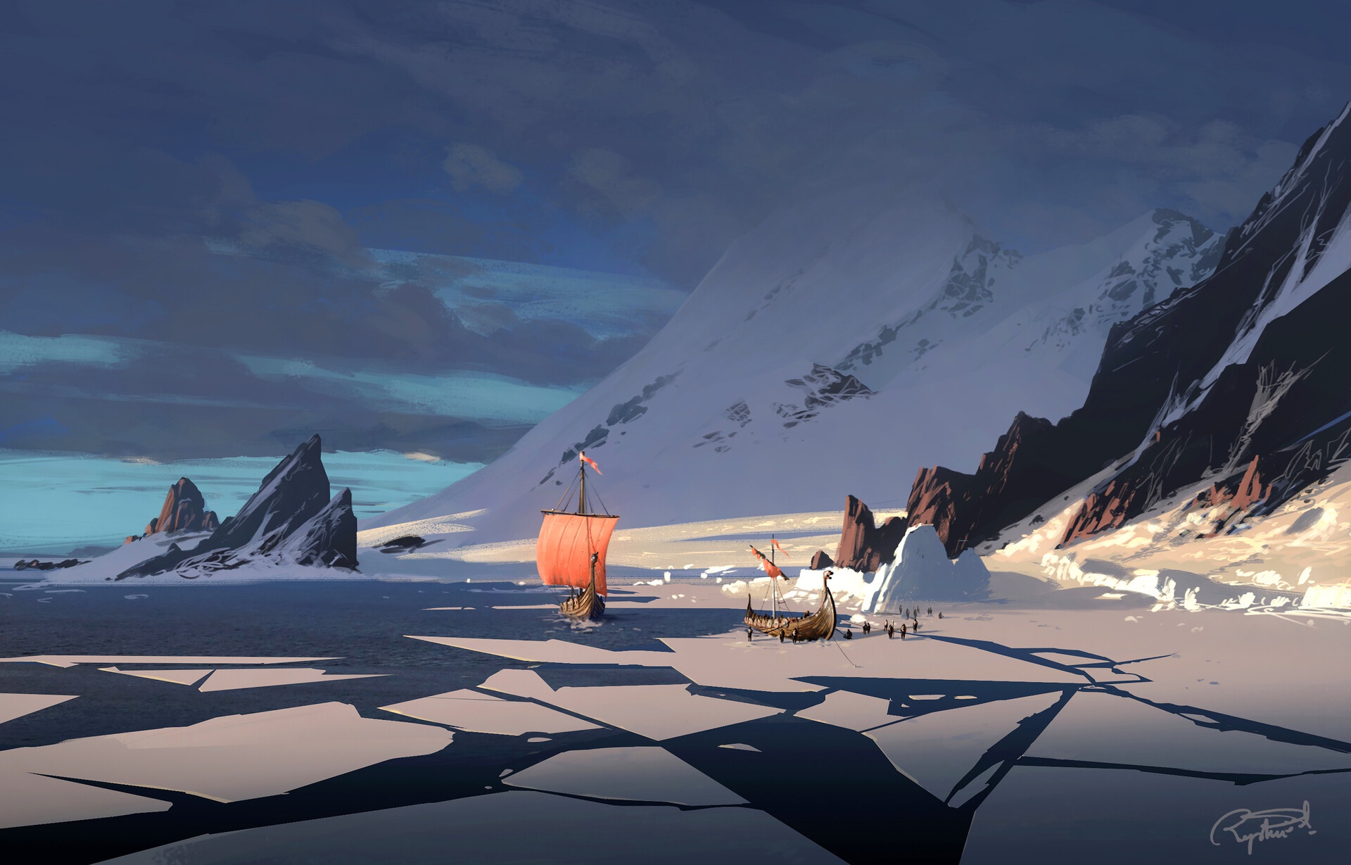Assassins Creed Valhalla Drakkar ships in icy landscape HD Wallpaper
