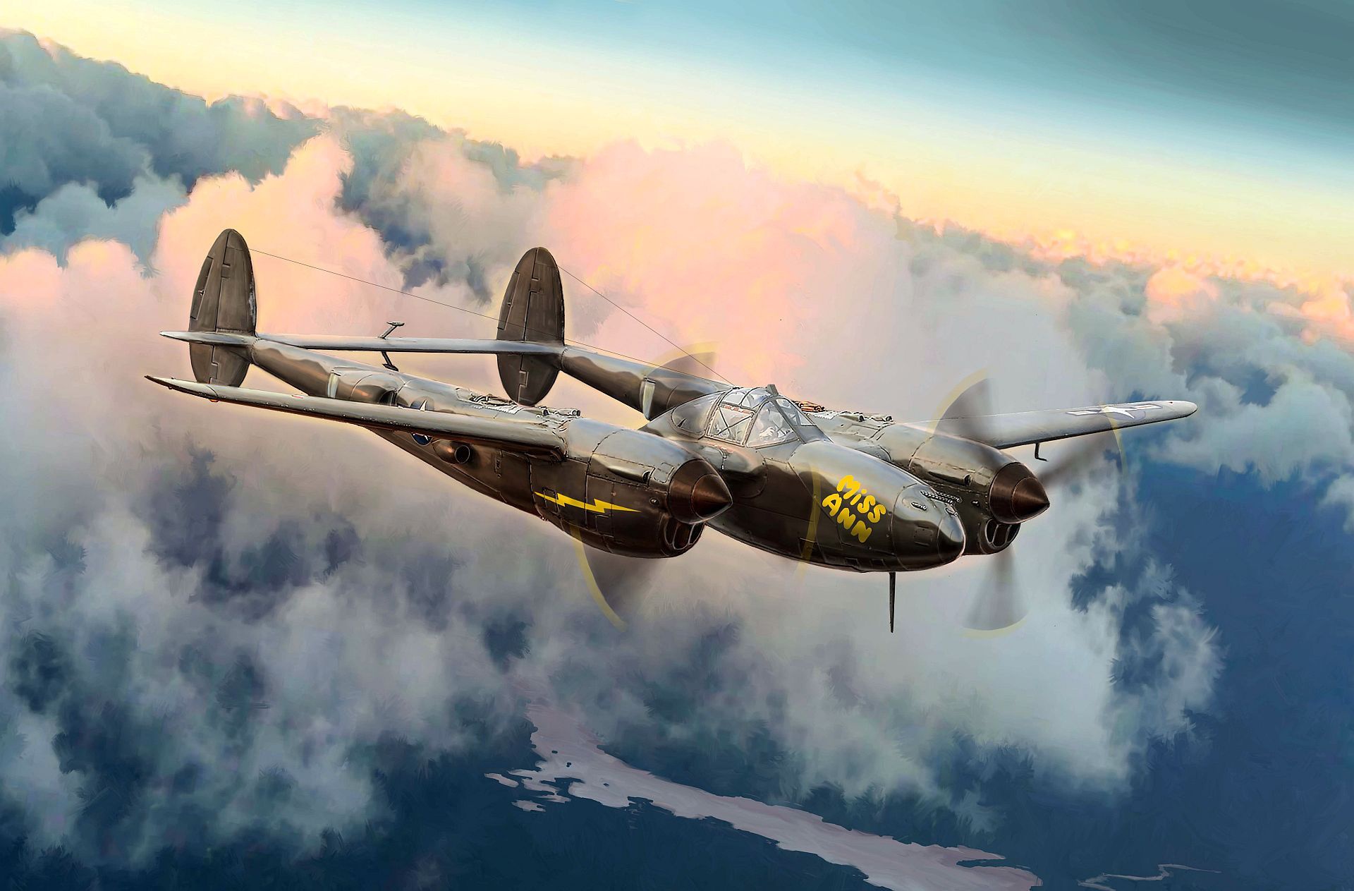 Lockheed P-38 Lightning "Miss Ann" flying through clouds HD Wallpaper