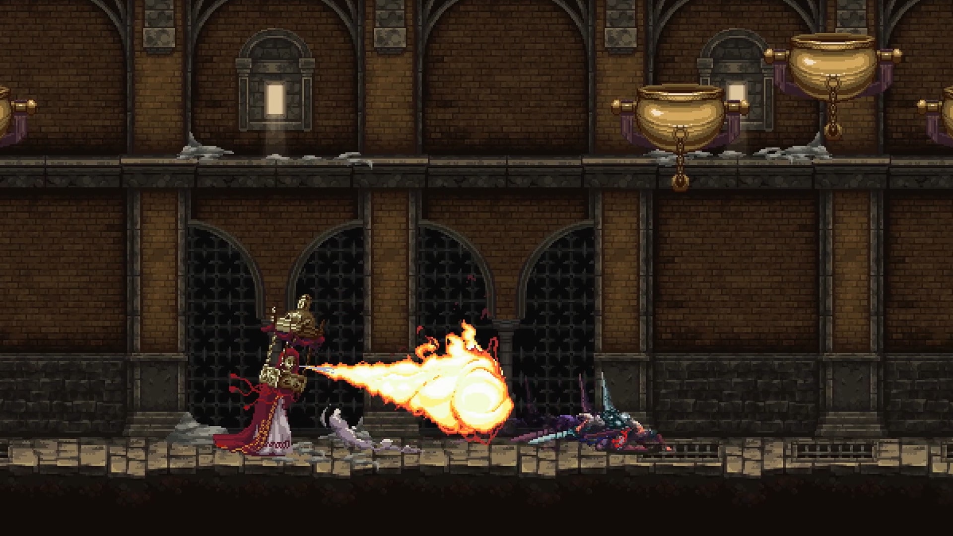 Blasphemous: A character in red robes shoots fire at a creature HD Wallpaper