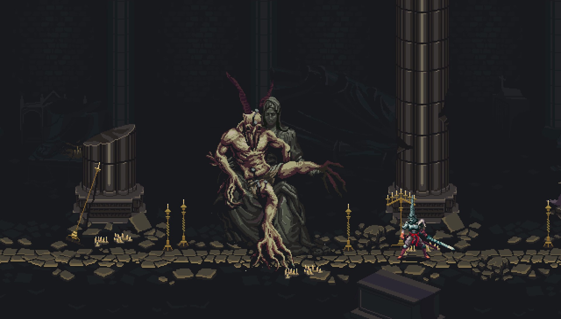 The Penitent One fighting a grotesque creature in Blasphemous HD Wallpaper