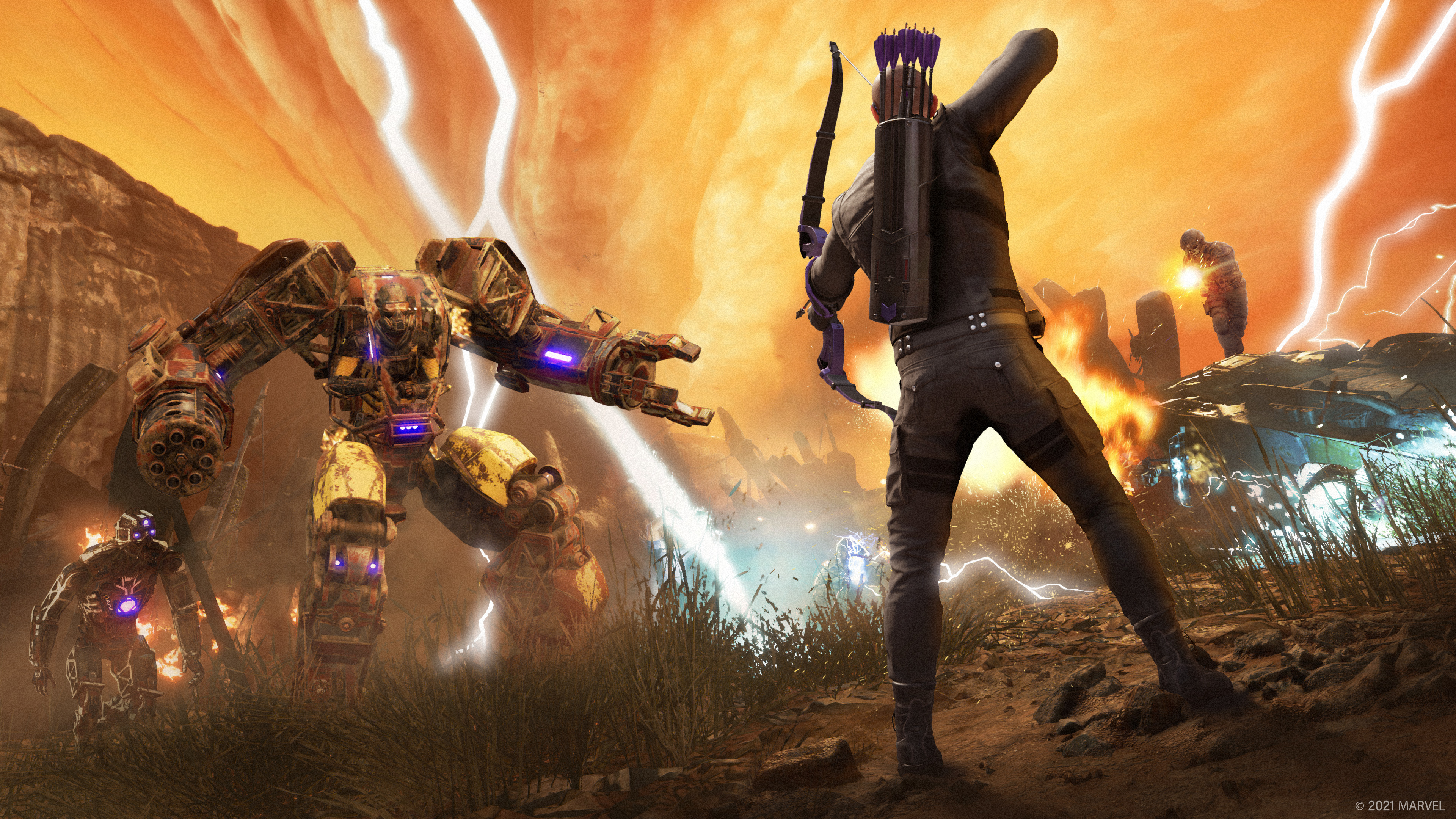 Hawkeye from Marvel's Avengers fighting a mech HD Wallpaper