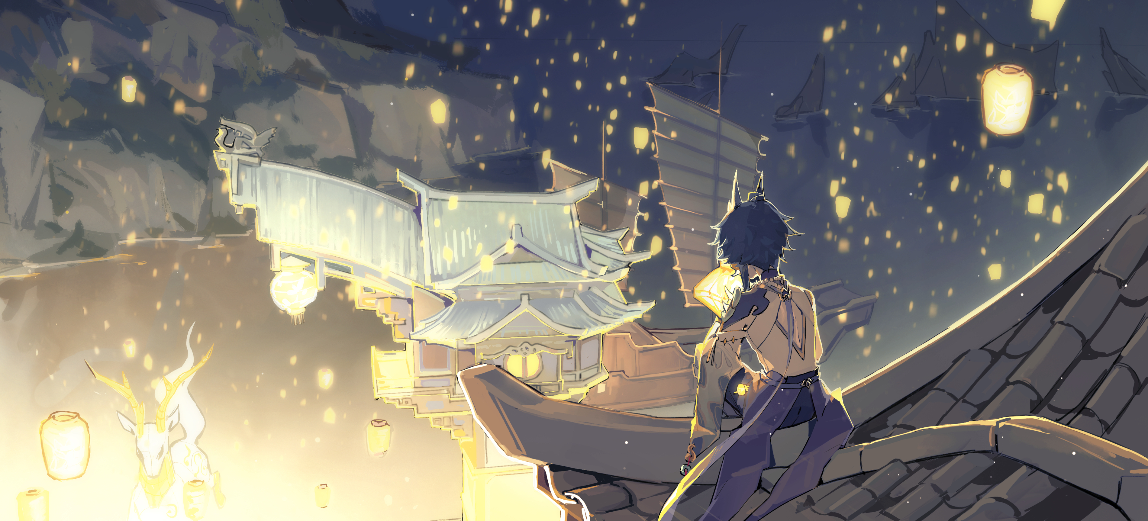 Xiao from Genshin Impact overlooking a city at night HD Wallpaper