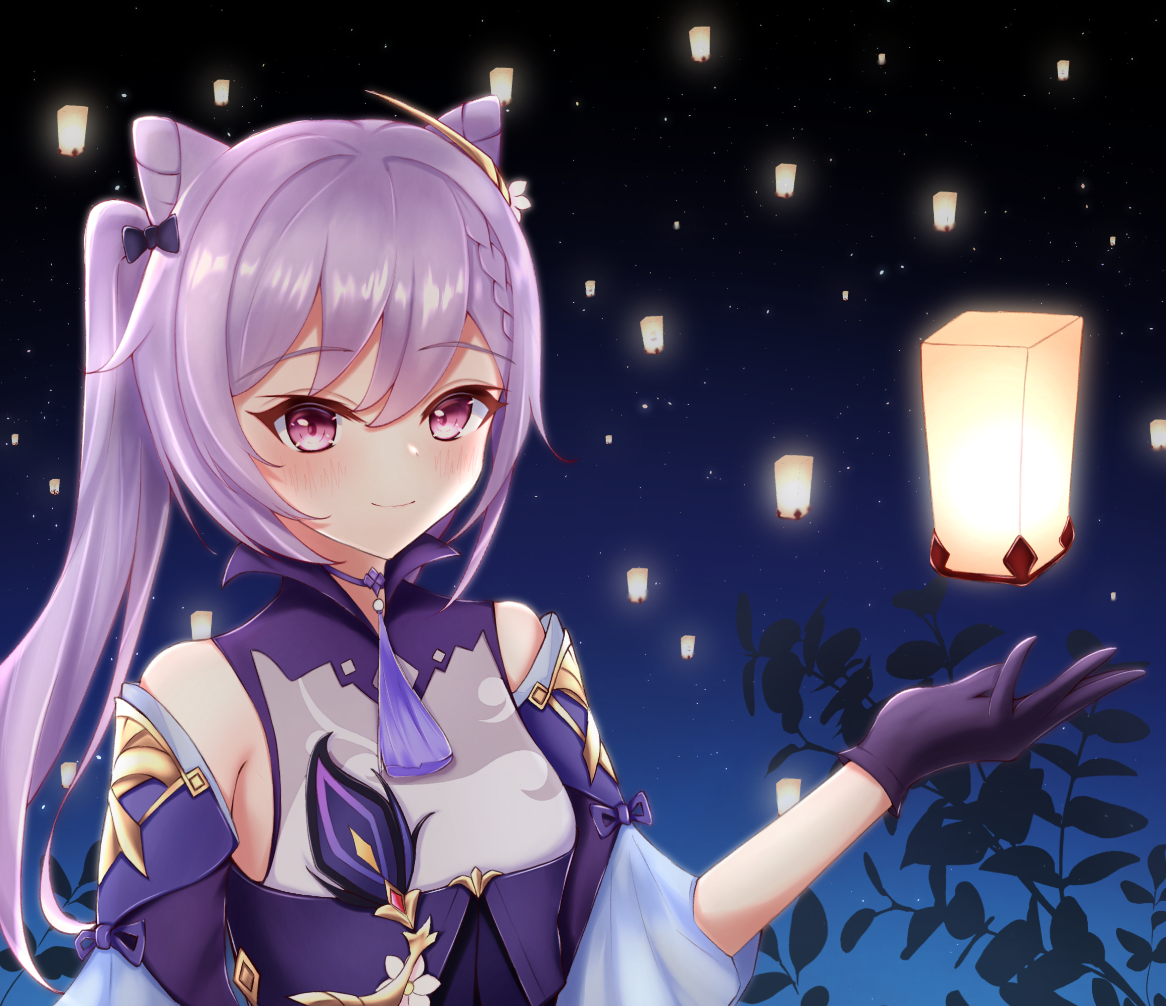 Keqing from Genshin Impact with lanterns HD Wallpaper