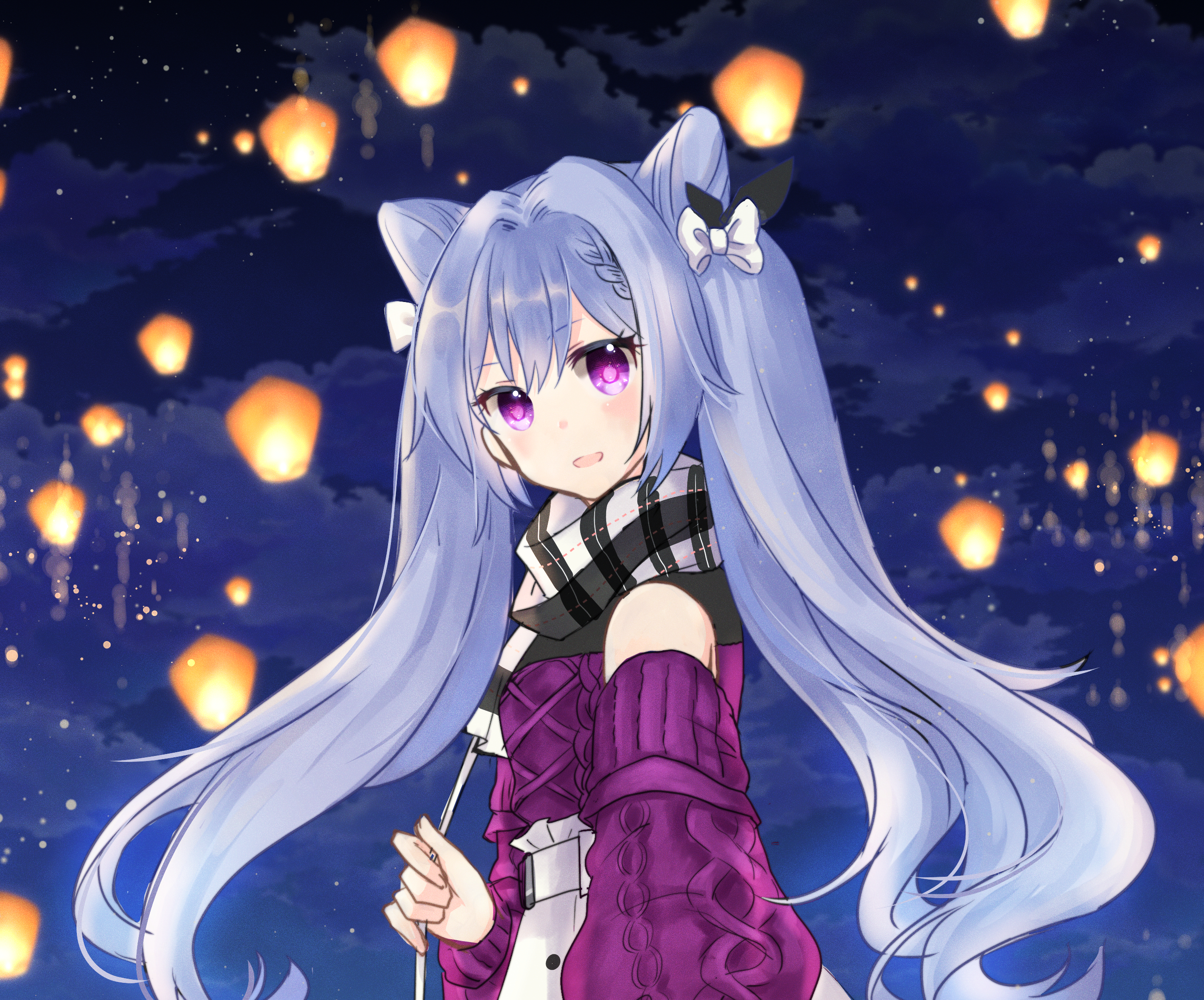 Keqing from Genshin Impact with lanterns HD Wallpaper