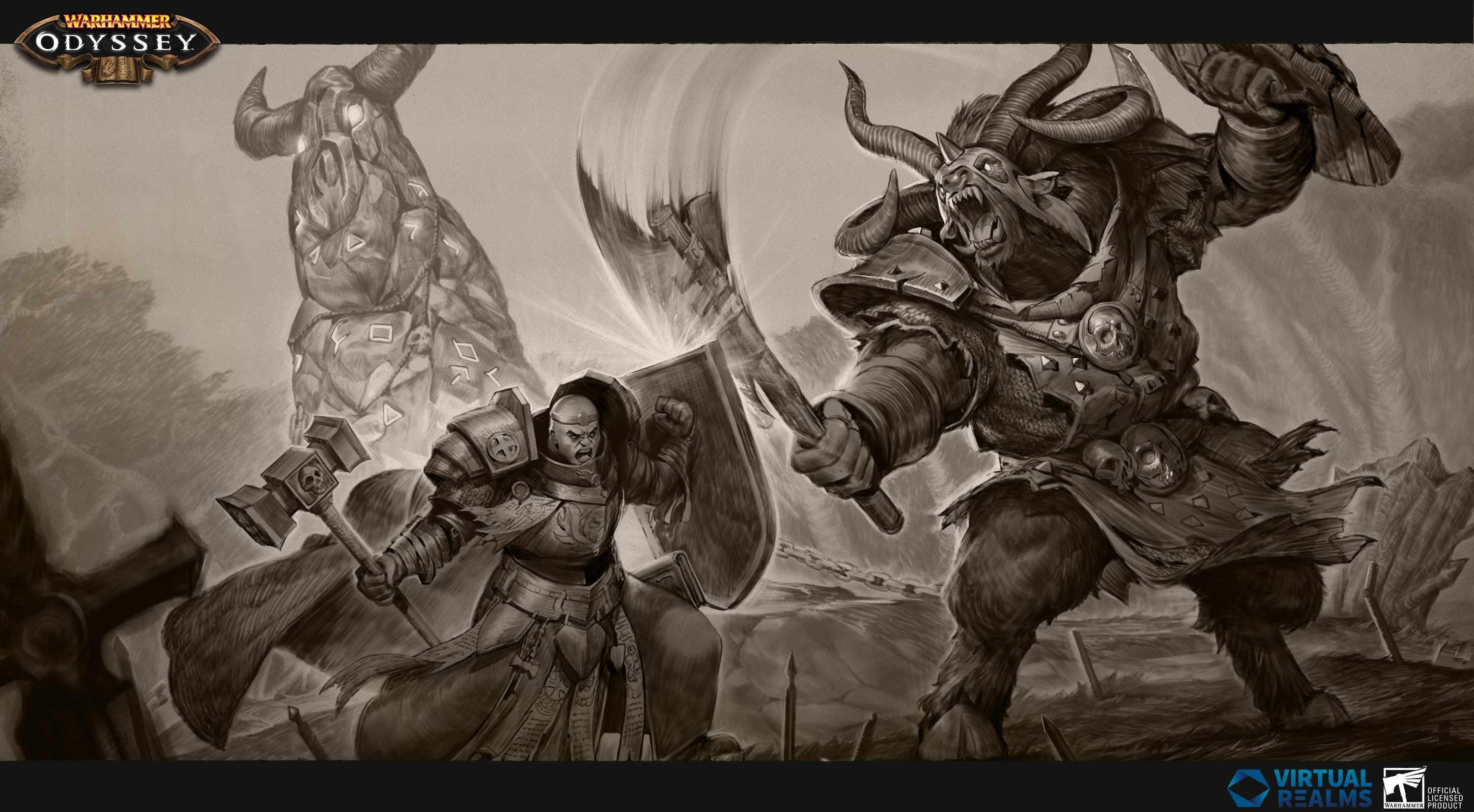 Warhammer: Odyssey - Warrior and Minotaur Battle HD Wallpaper