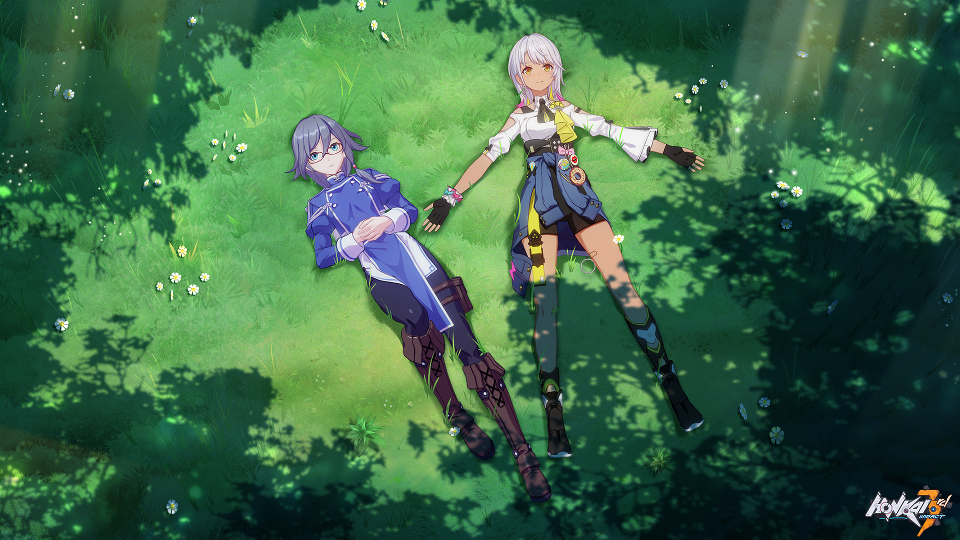 Two girls lying on grass in Honkai Impact 3rd HD Wallpaper